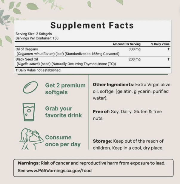 High Carvacrol Formula Softgels, 6000mg Oregano Oil Combined with Black Seed Oil