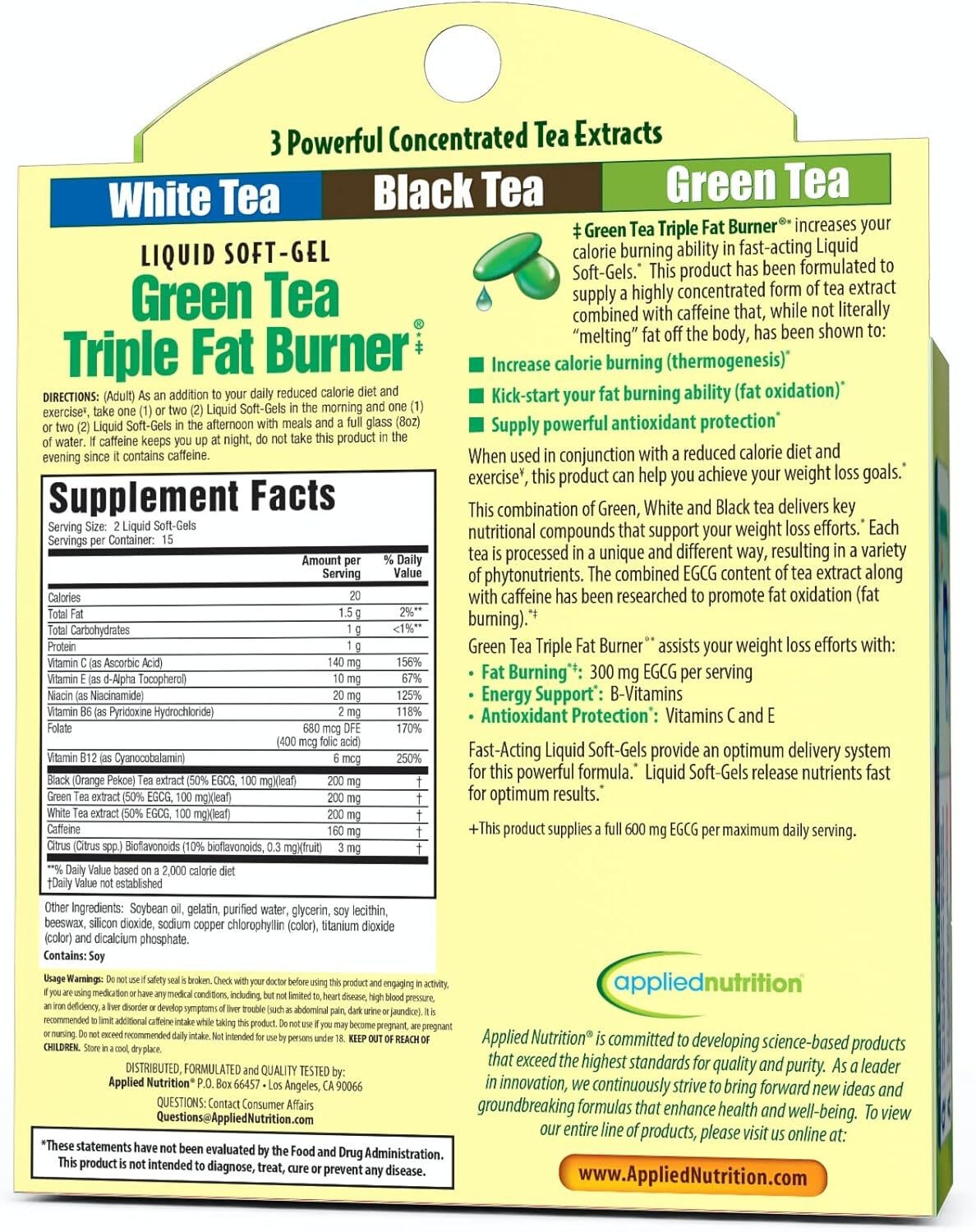 Applied Nutrition Green Tea Triple Fat Burner, Maximum Strength, 30 Liquid Softg