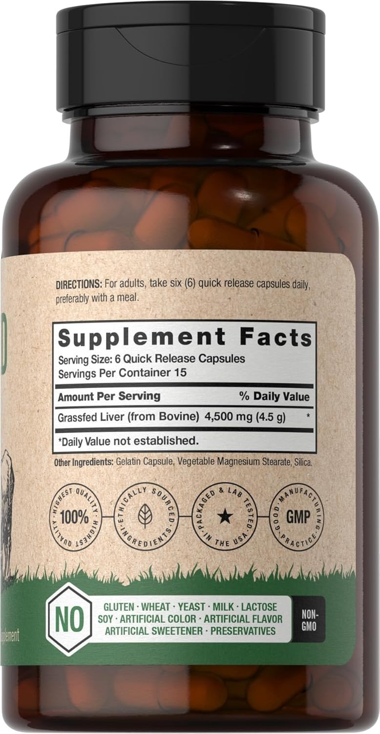 Grass Fed Beef Liver Supplement 4500mg, 90 Count Pasture Raised Non-GMO Horbaach