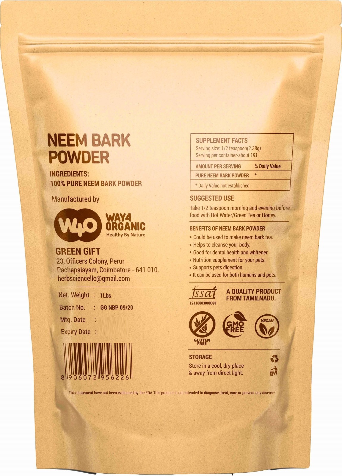 Neem Bark Powder 16 Oz (1 lb) – Dental and Digestion Support – Tooth Powder