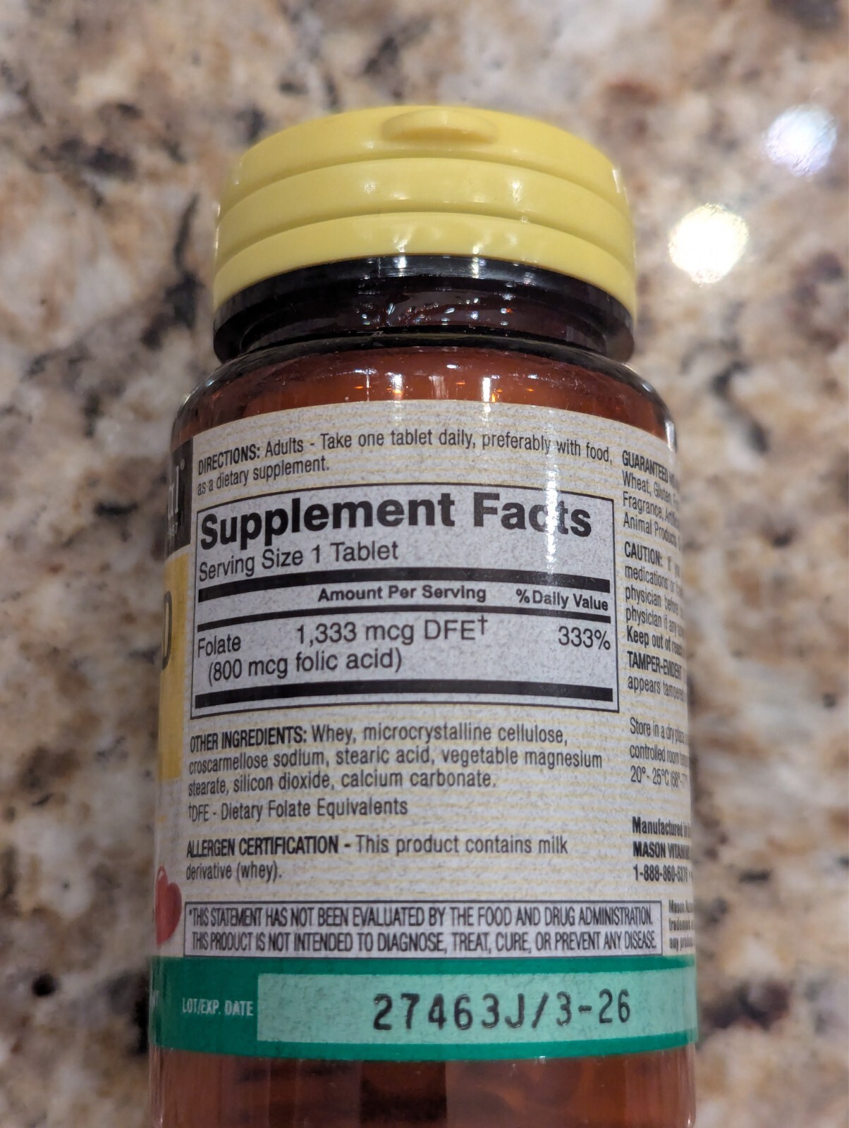 Mason Natural Folic Acid 800mcg Cardiovascular Health 100 Tablets exp: 03/2026