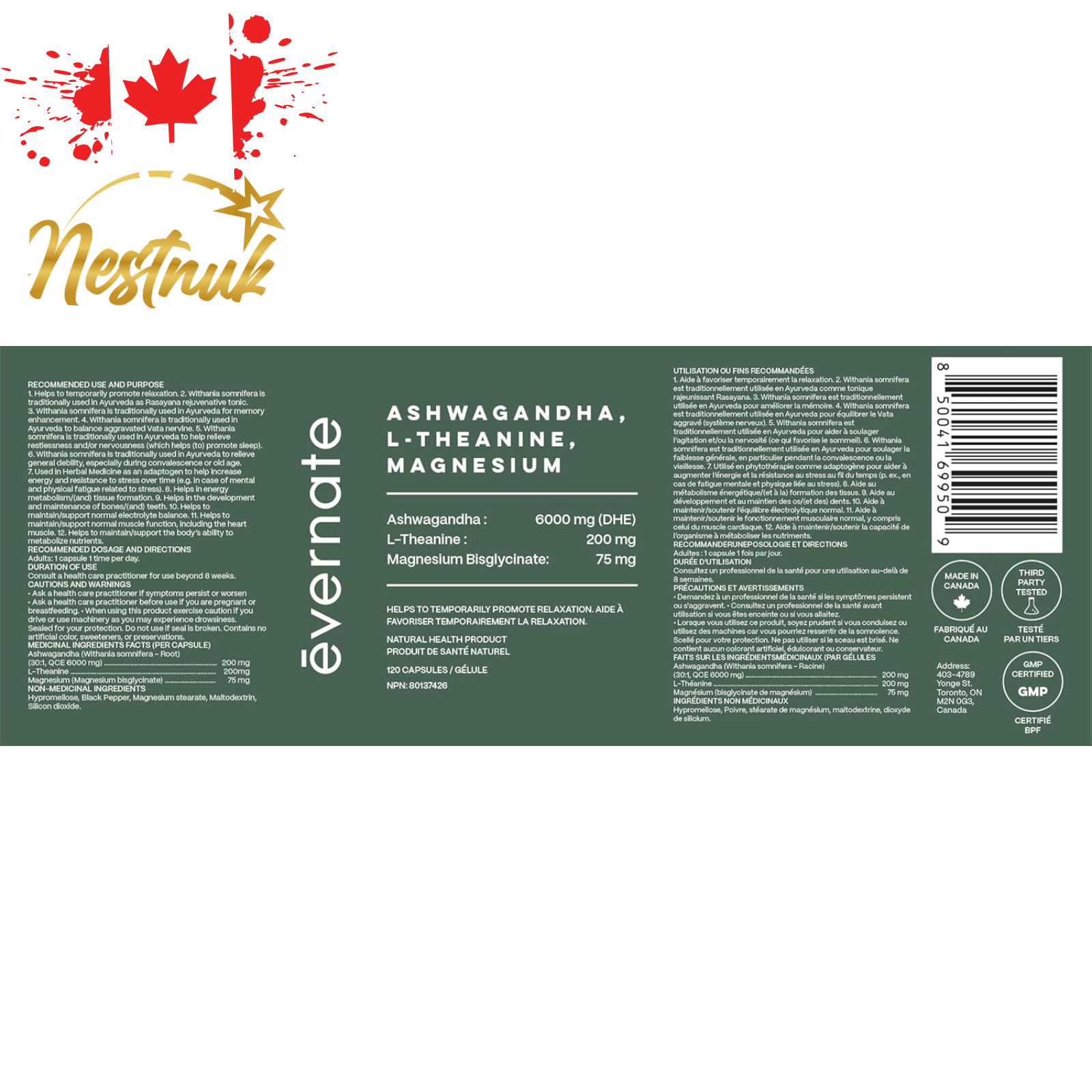 Ashwagandha 6000mg w L-Theanine 200mg Magnesium Bisglycinate 120 Ct Canada