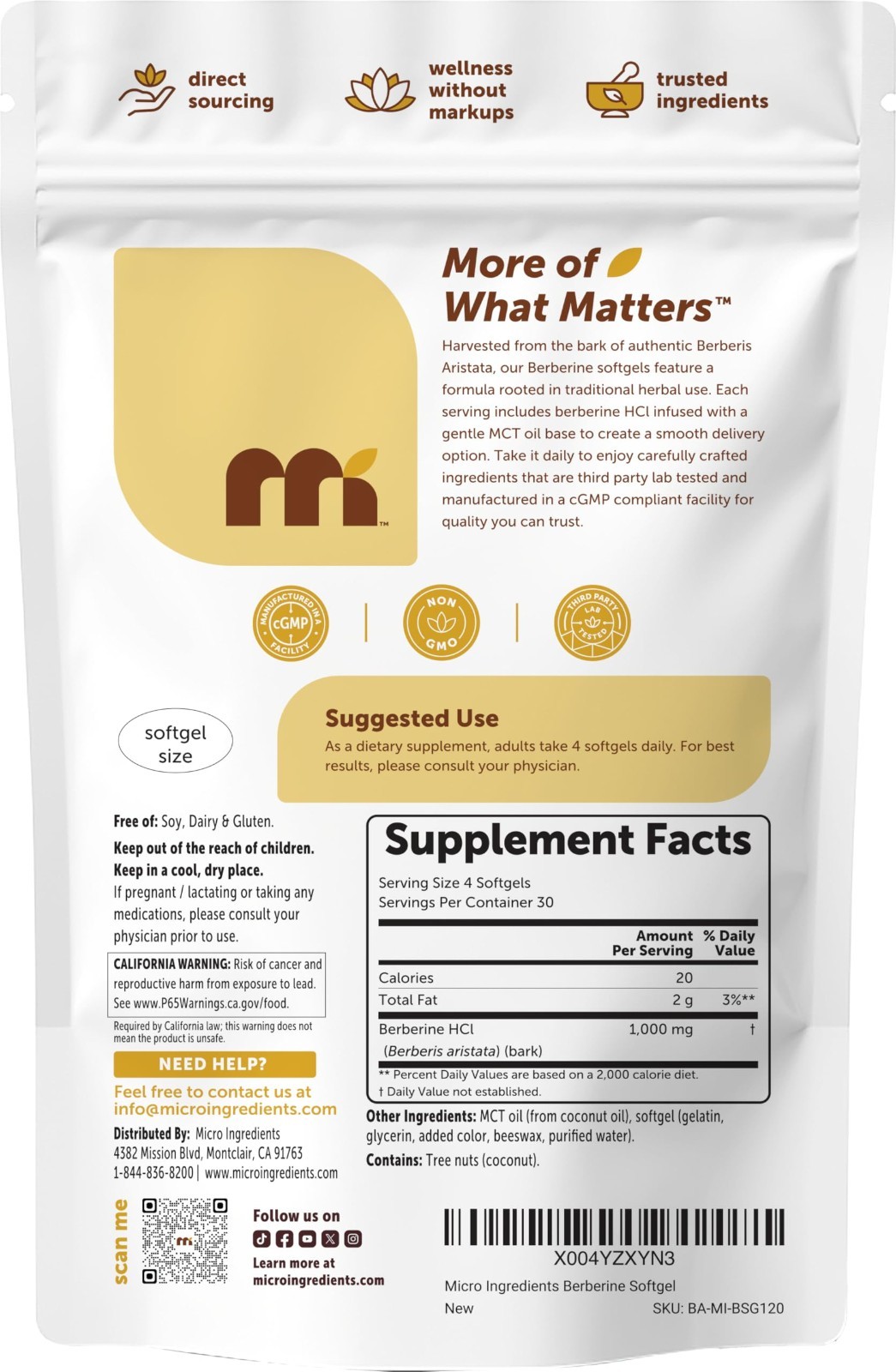 Berberine 1000mg with MCT Oil – 120 Softgels, Non-GMO, Gluten Free, No Soy