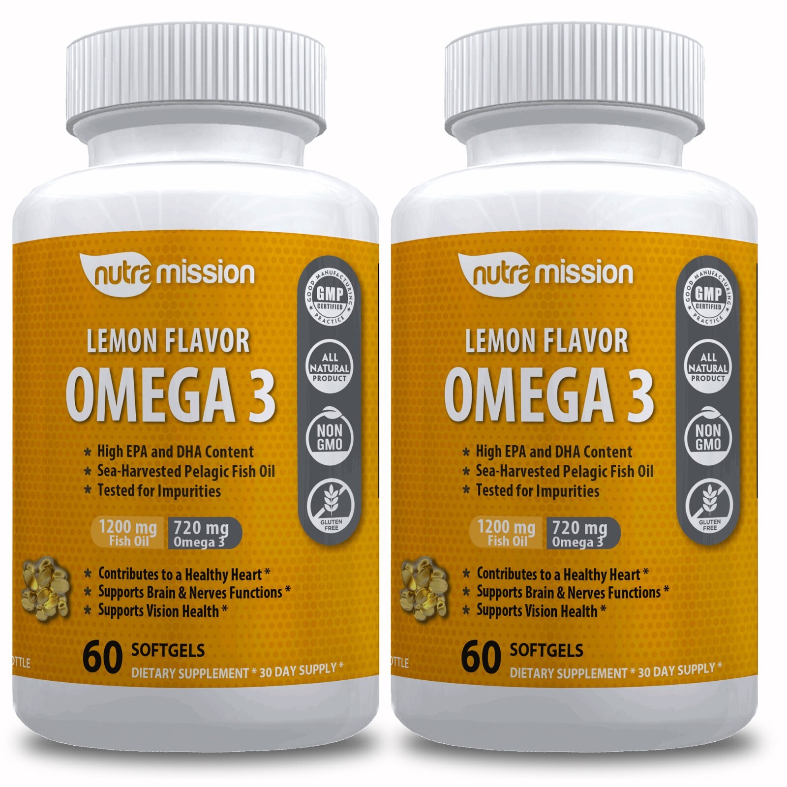 Premium Omega 3 Fish Oil Capsules-Lemon Flavor Burpless Tested for Impurities x2