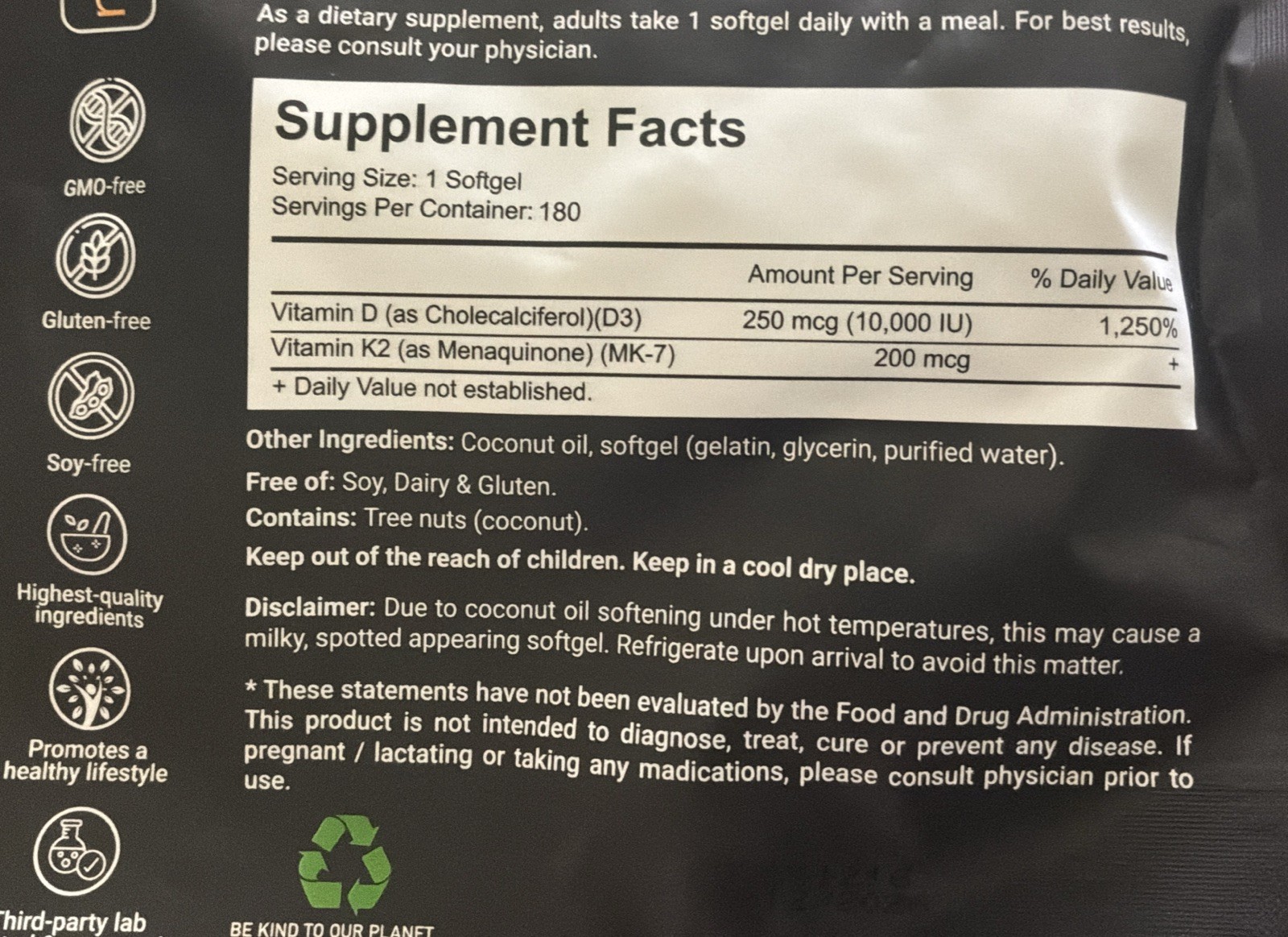 2 MicroLabs Vitamin D3 & K2 MK-7 180 Soft gels High Potency Coconut Oil 10,000iu