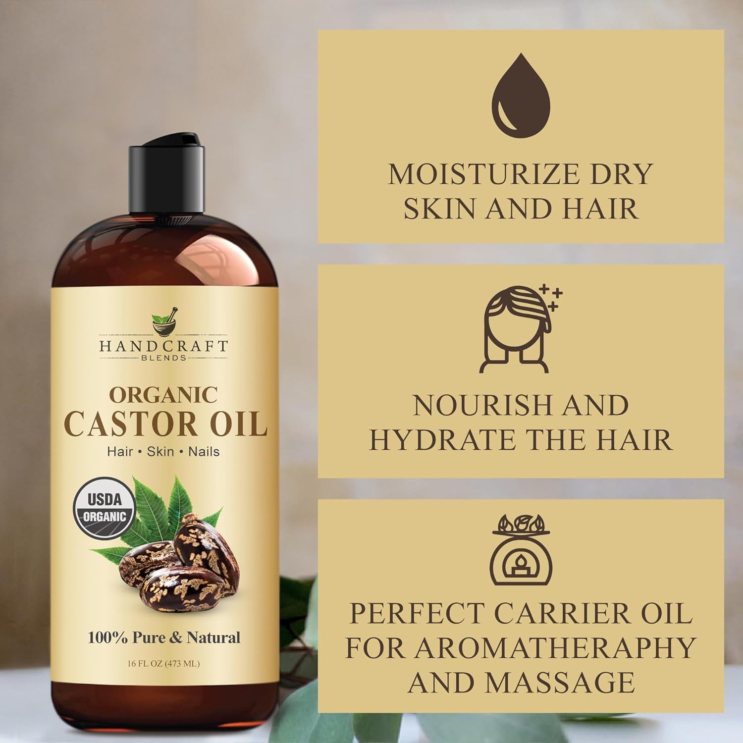 Organic Castor Oil 16 fl oz 100% Pure Natural Carrier Oil Hair Skin Body Hexane