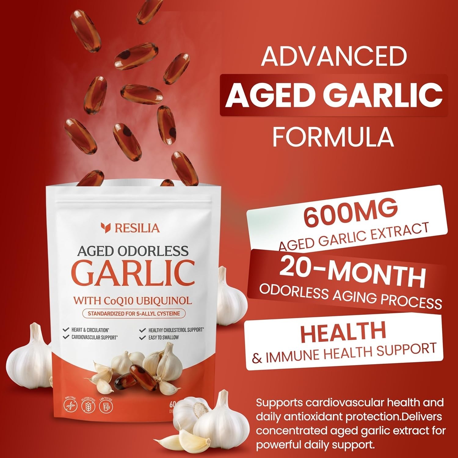 Resilia Aged Garlic Extract 600mg Softgels CoQ10 Ubiquinol Heart Immune 60ct