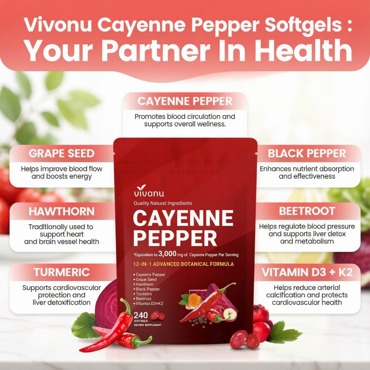 Vivonu 12in1 Cayenne Pepper Softgels D3 K2 Grape Seed Heart Circulation Support