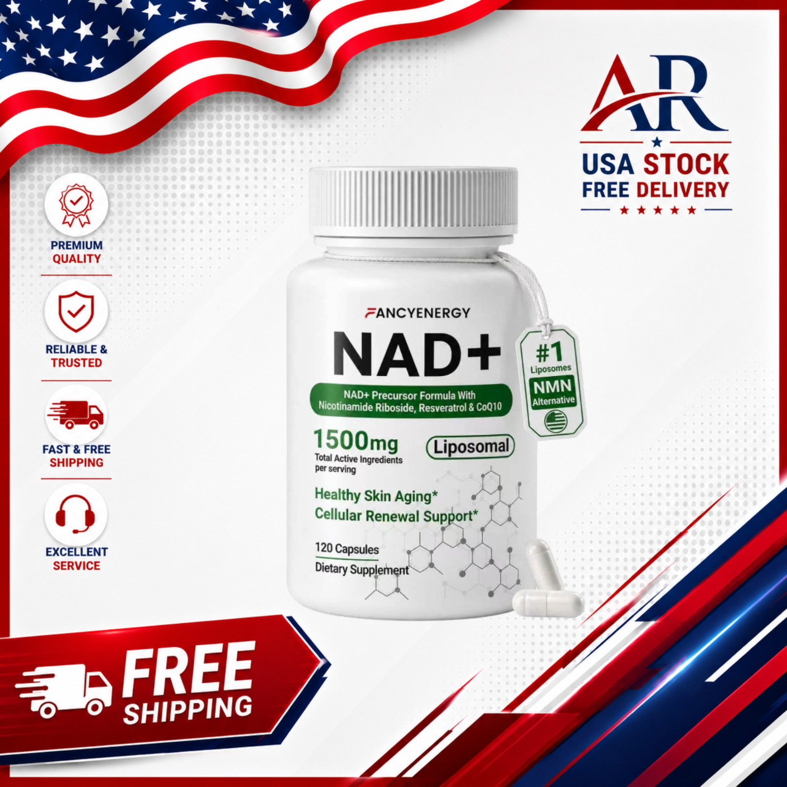 NAD+ Supplement for Anti Aging, Energy, Focus Nicotinamide Riboside Resveratrol