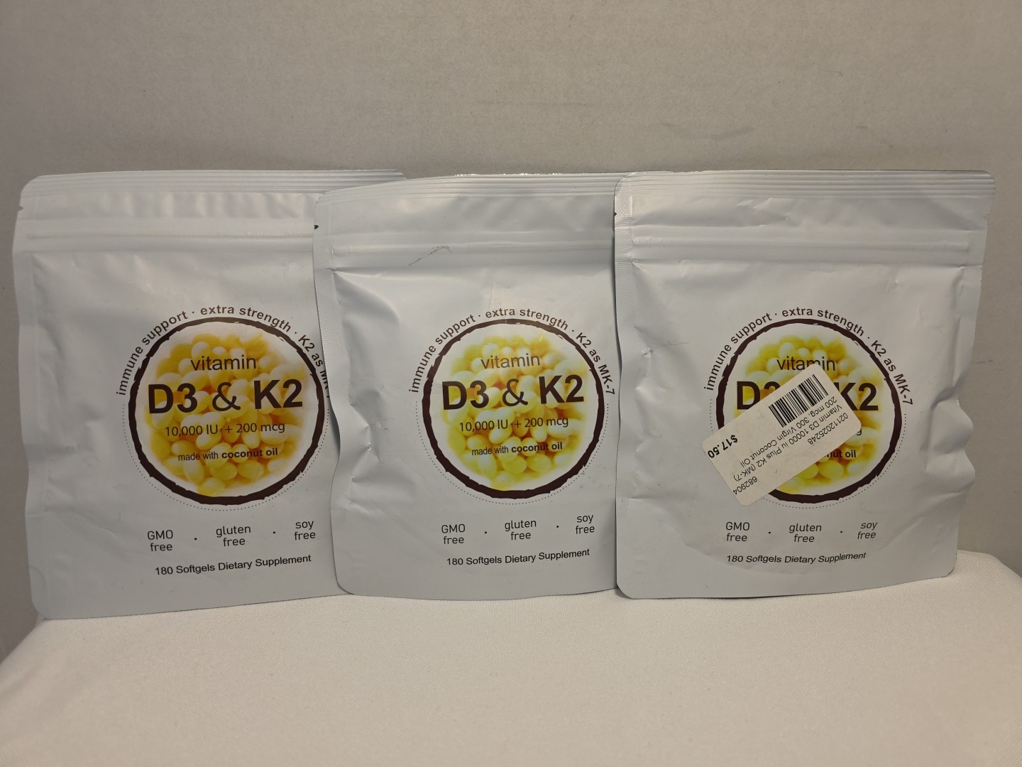 2-in-1 Vitamin D3 K2 Supplement Softgels D3 10000 iu Bone Health LOT OF 3
