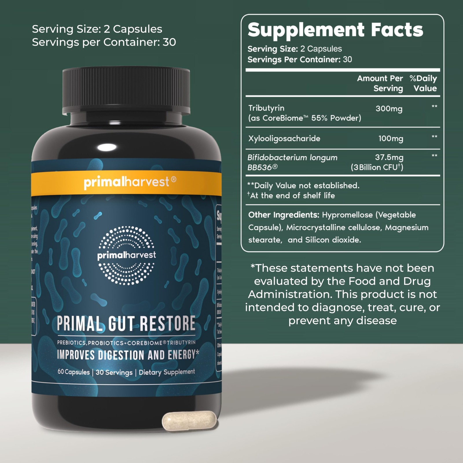 Gut Health Supplement Primal Harvest Restore 60 CT Probiotics Prebiotics Women