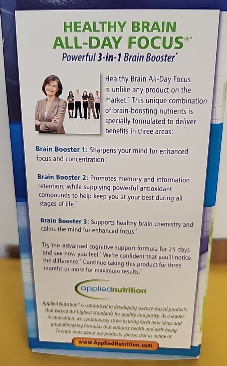 AppliedNutrition Healthy Brain All-Day Focus/2 pack/ 50 Tablets each/100 total