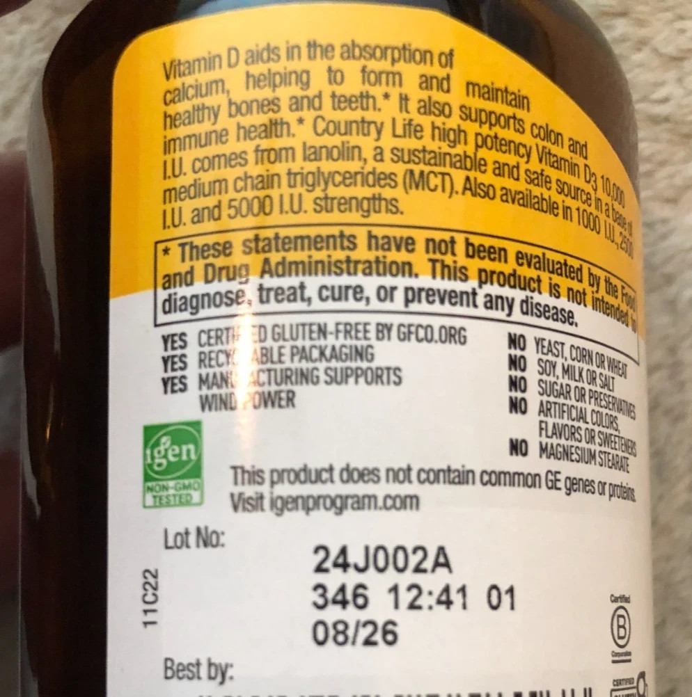 Country Life Vitamin D3 5 000 IU 200 Softgels Gluten-Free Exp. 08/26