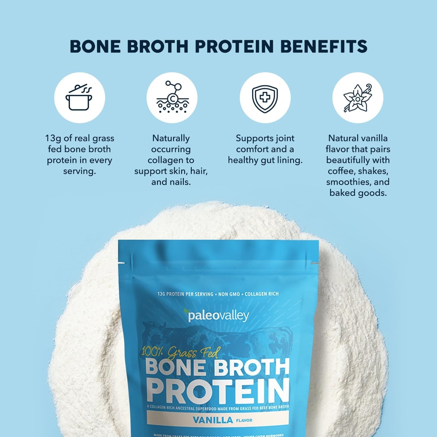Paleovalley 100% Grass Fed Beef Bone Broth Protein Powder Collagen Peptides