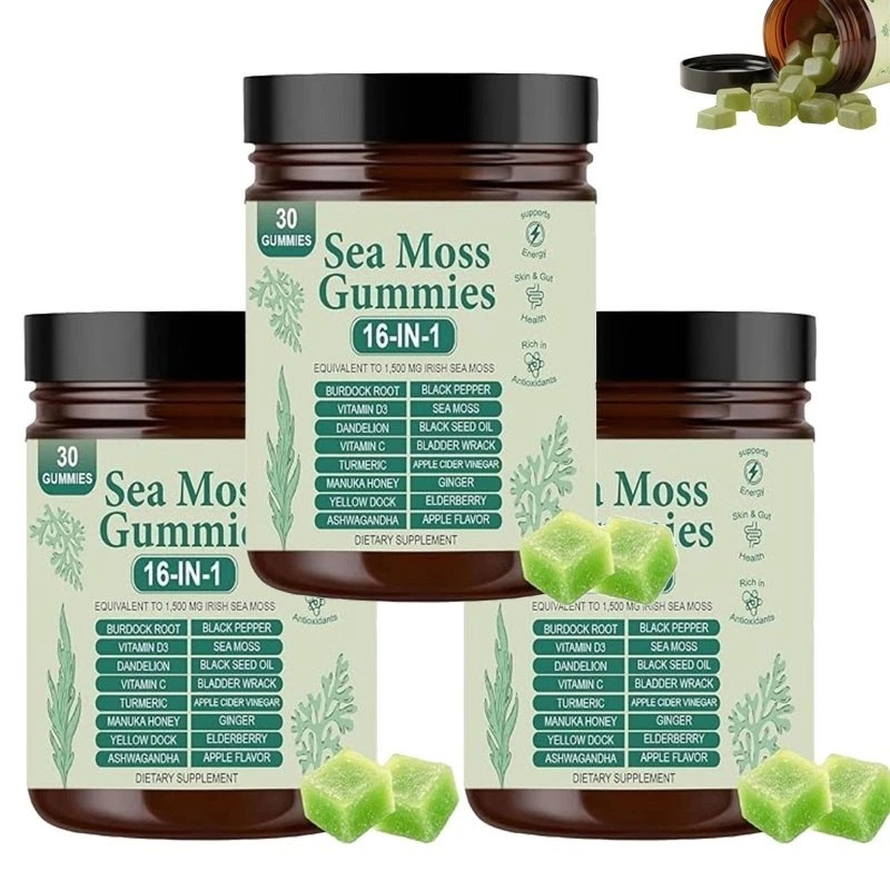 Sea Moss Gummies 16-in-1, Sea Moss Blend with Black Seed Oil-Green Apple Flavor