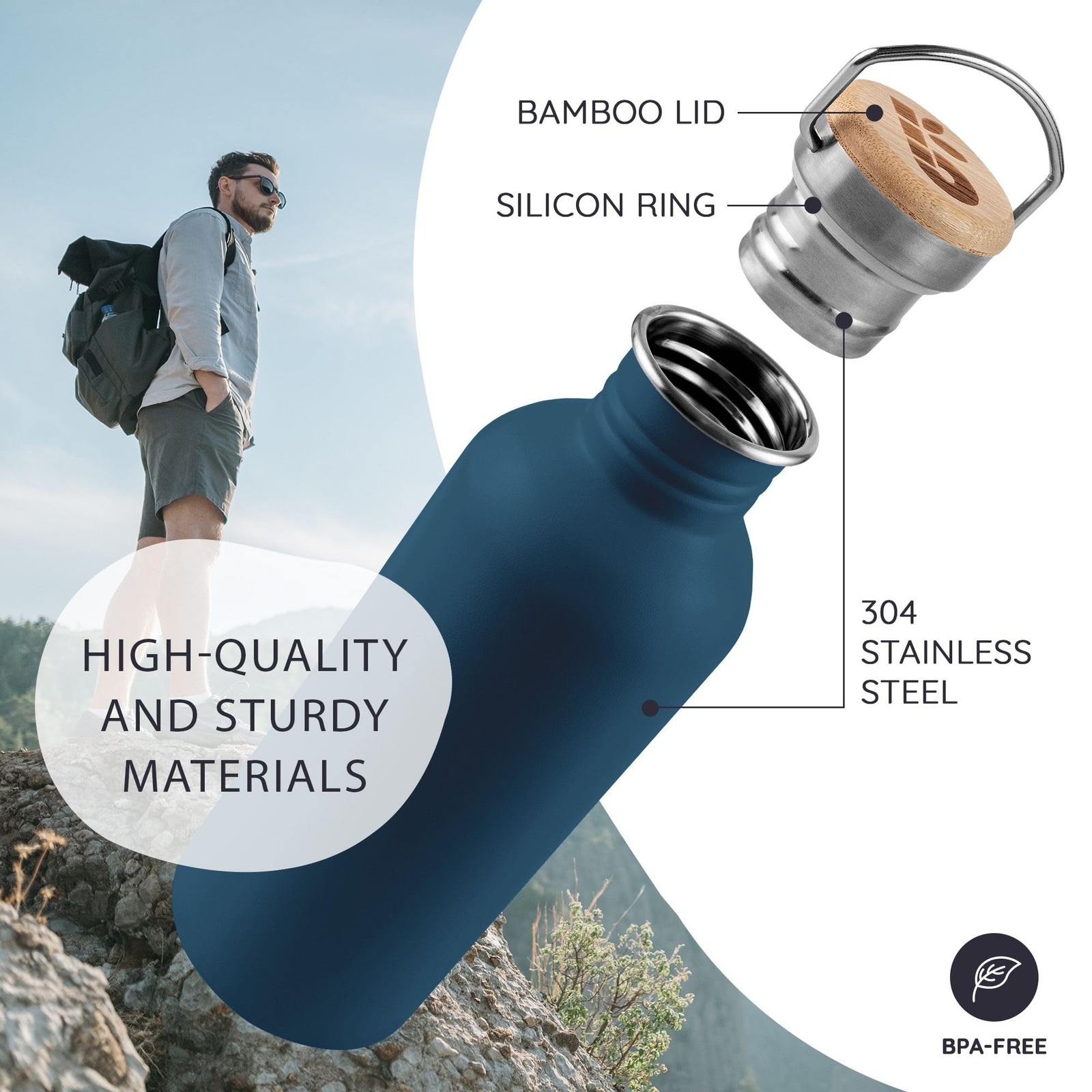 Bambaw Stainless Steel Water Bottle 16 oz, Navy Blue 16 Aegean