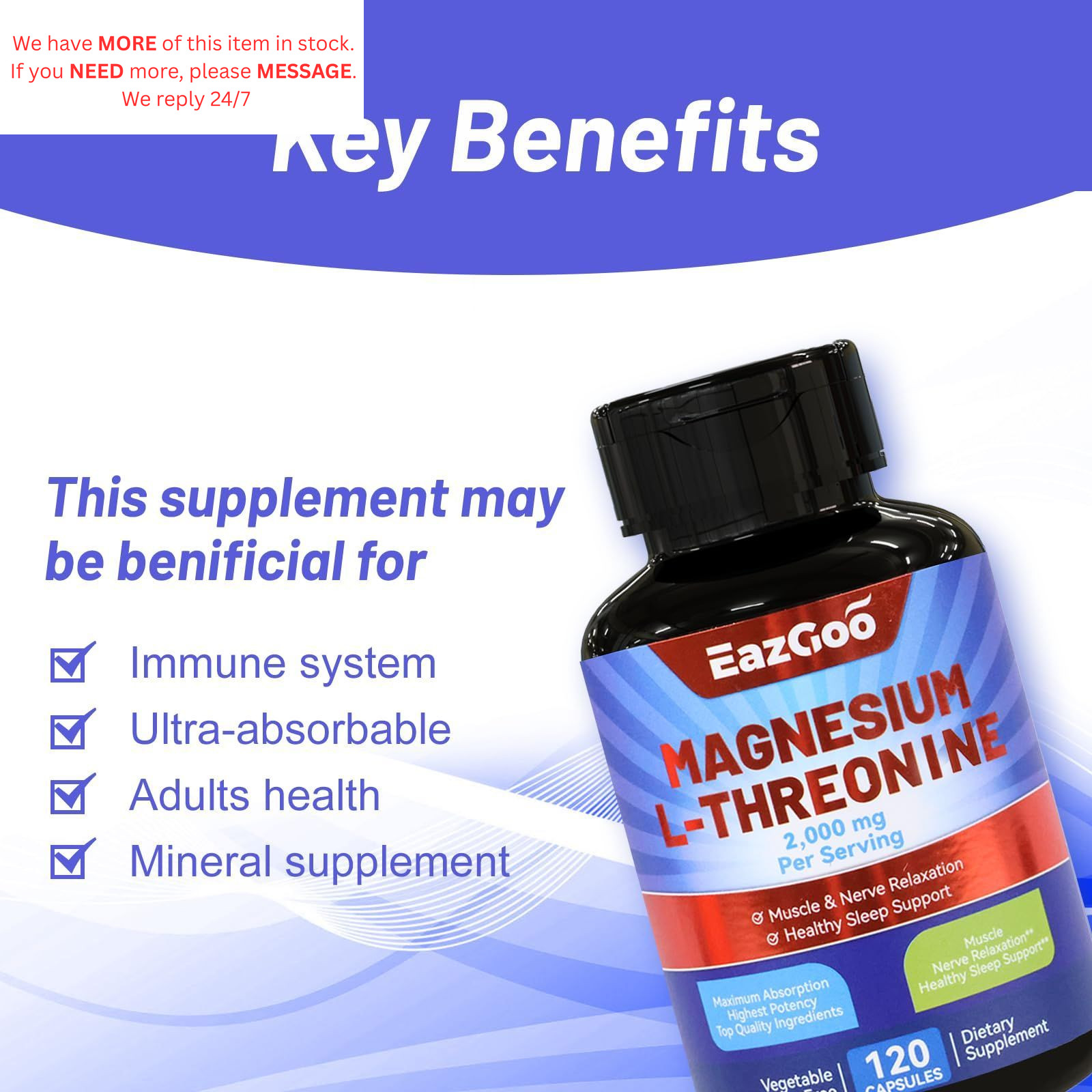 EAZGOO Magnesium L-Threonine Supplement, Mineral 120 Count (Pack of 1)