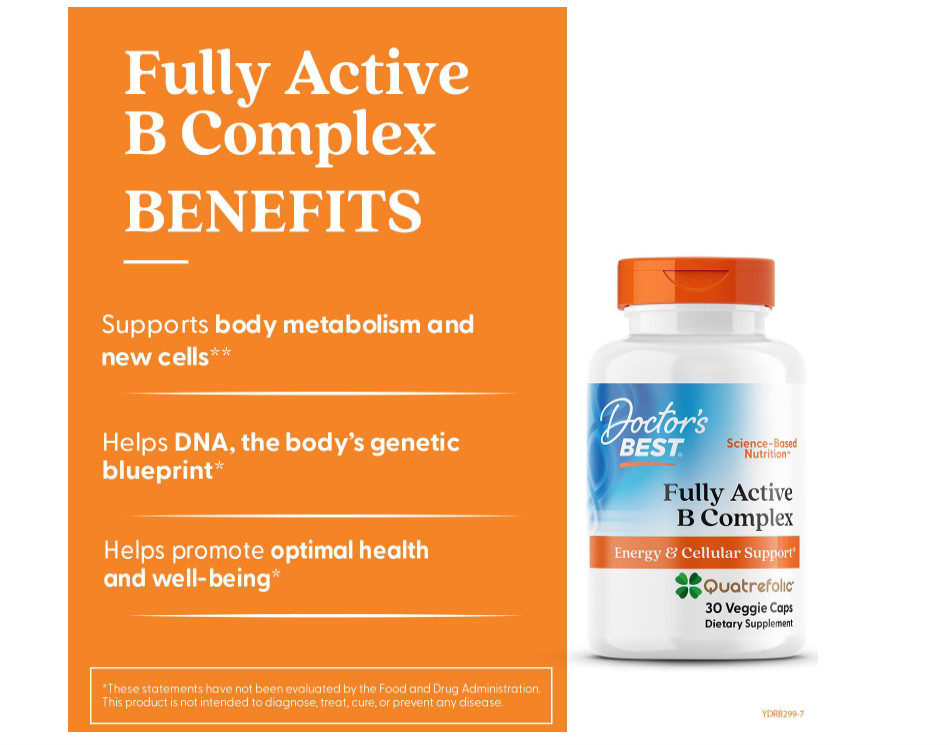 Fully Active Vitamin B Complex Methyl B12 Quatrefolic Folate Energy 30 Veg Caps