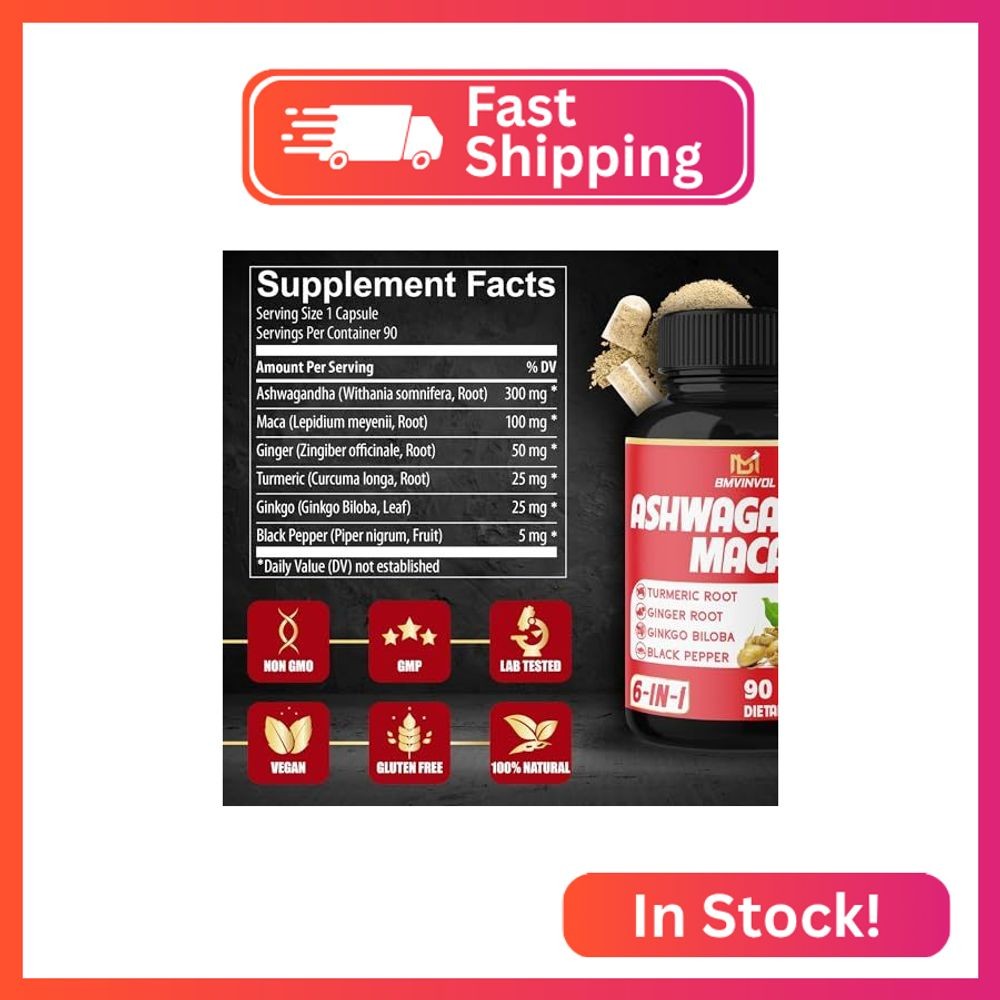 Ashwagandha Maca Root with Turmeric, Ginger, Ginkgo Biloba, Black Pepper – 90 Co