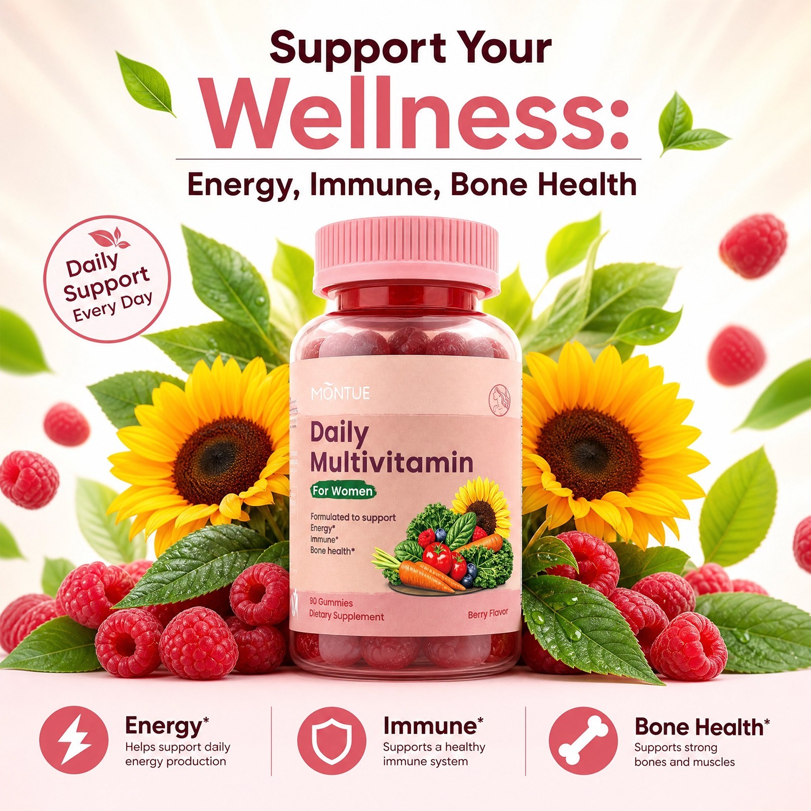 Montue Women’s Multivitamin Gummies A C D3 E B6 B12 Biotin Folate K2 Zinc 90 Ct
