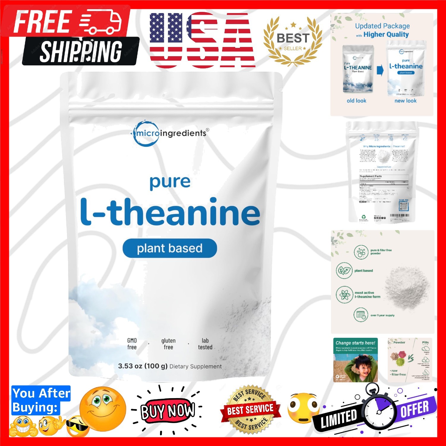 Pure L-Theanine Powder, 100 Grams 1 Supply, Filler Free, No GMOs and Friendly