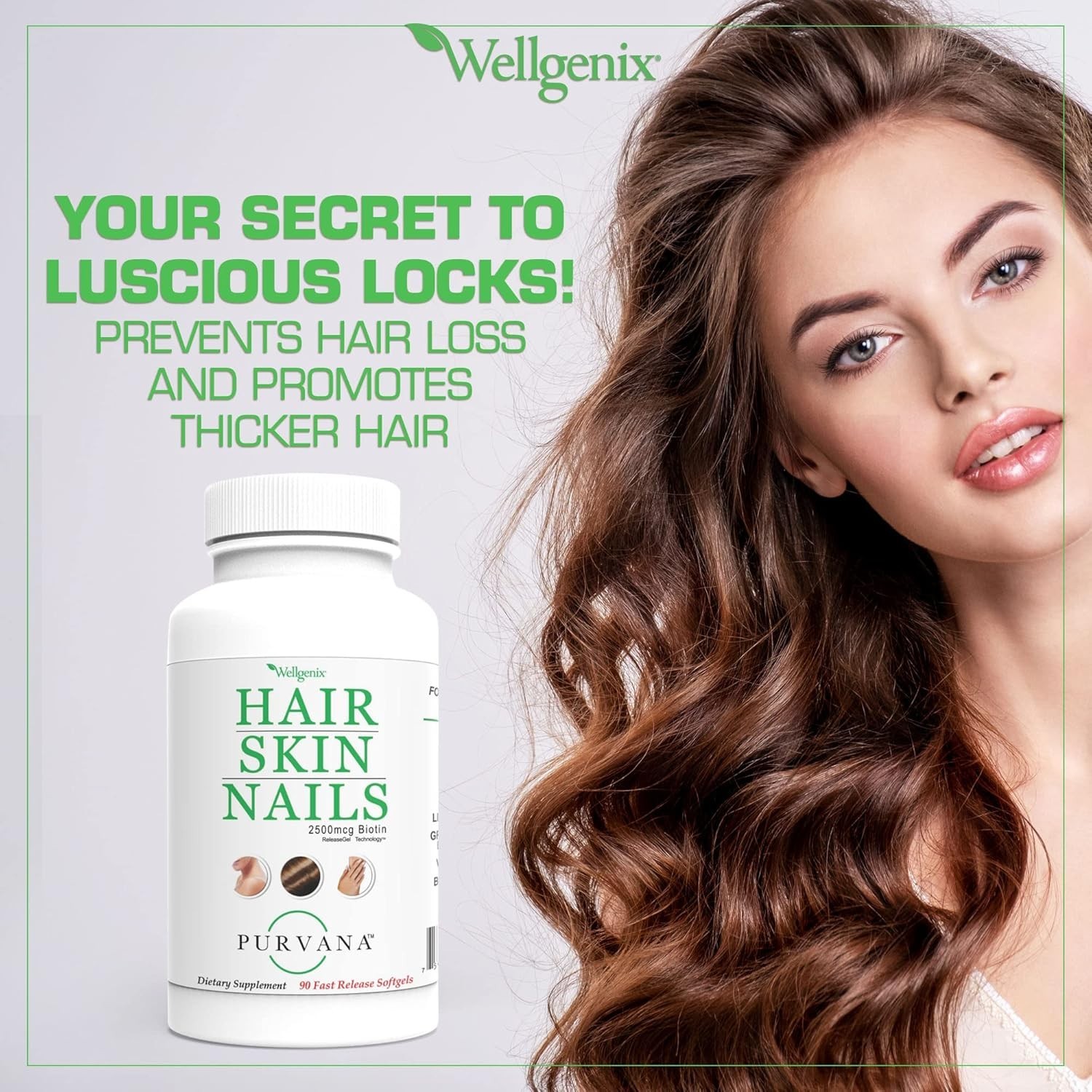 Purvana Hair, Skin, and Nails – One a Day Softgel – 2500mcg Biotin, DMAE, MSM…