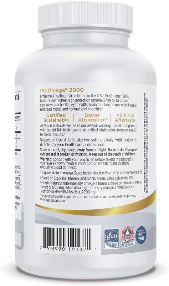 Nordic Naturals ProOmega 2000 Omega 3 Fish Oil Lemon 120 Soft Gels 2150mg