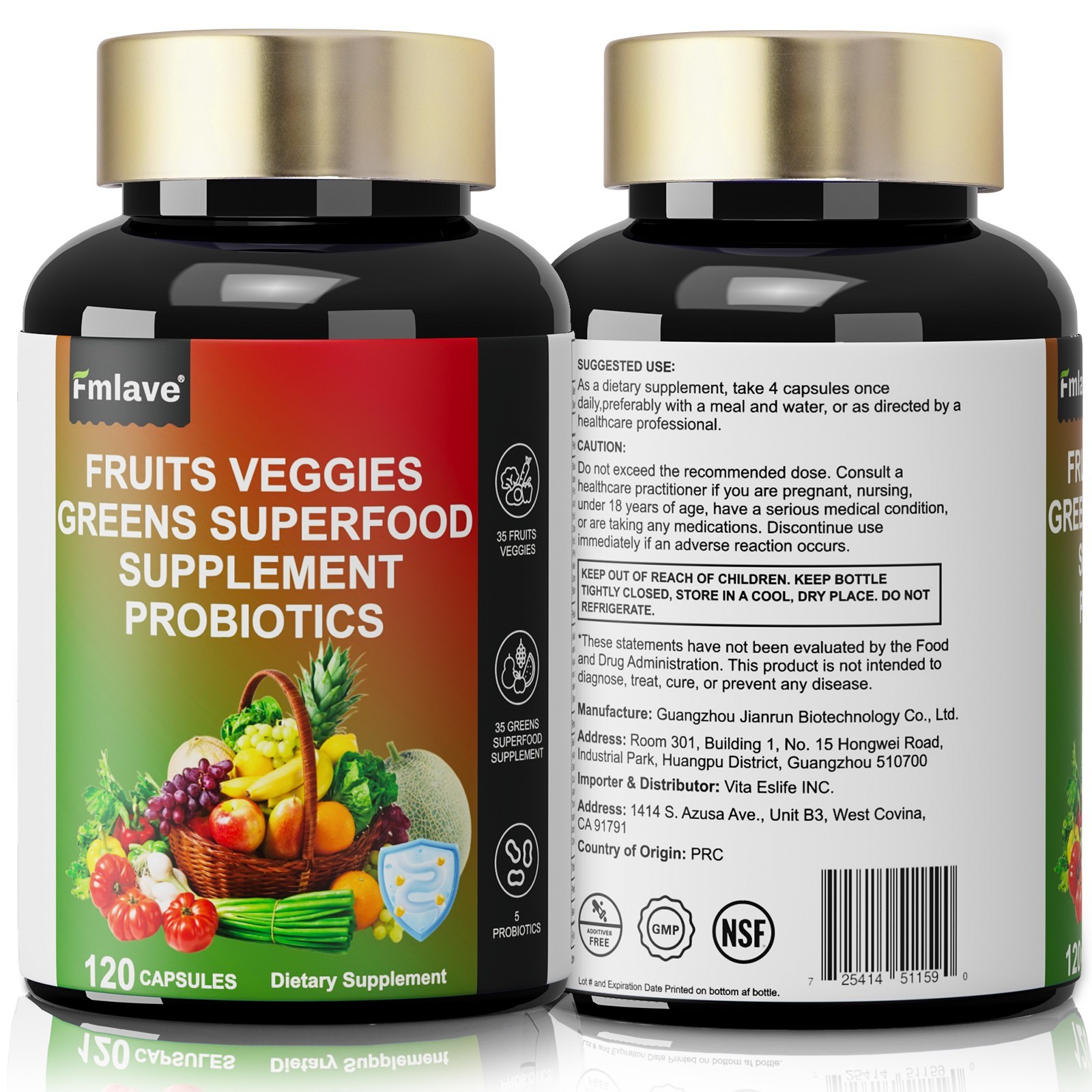 Fruits and Veggies Supplement | 120 Capsules | Non-GMO Vitamin Greens Probiotics