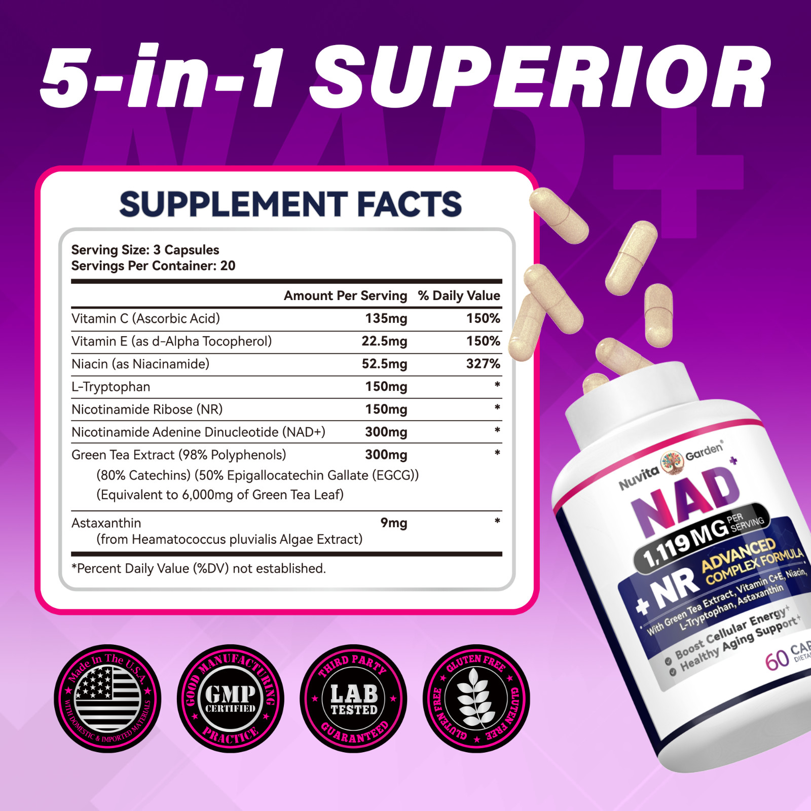 NAD+ Supplement, Nicotinamide Riboside 150mg, with Vitamin C&E, Anti-Aging