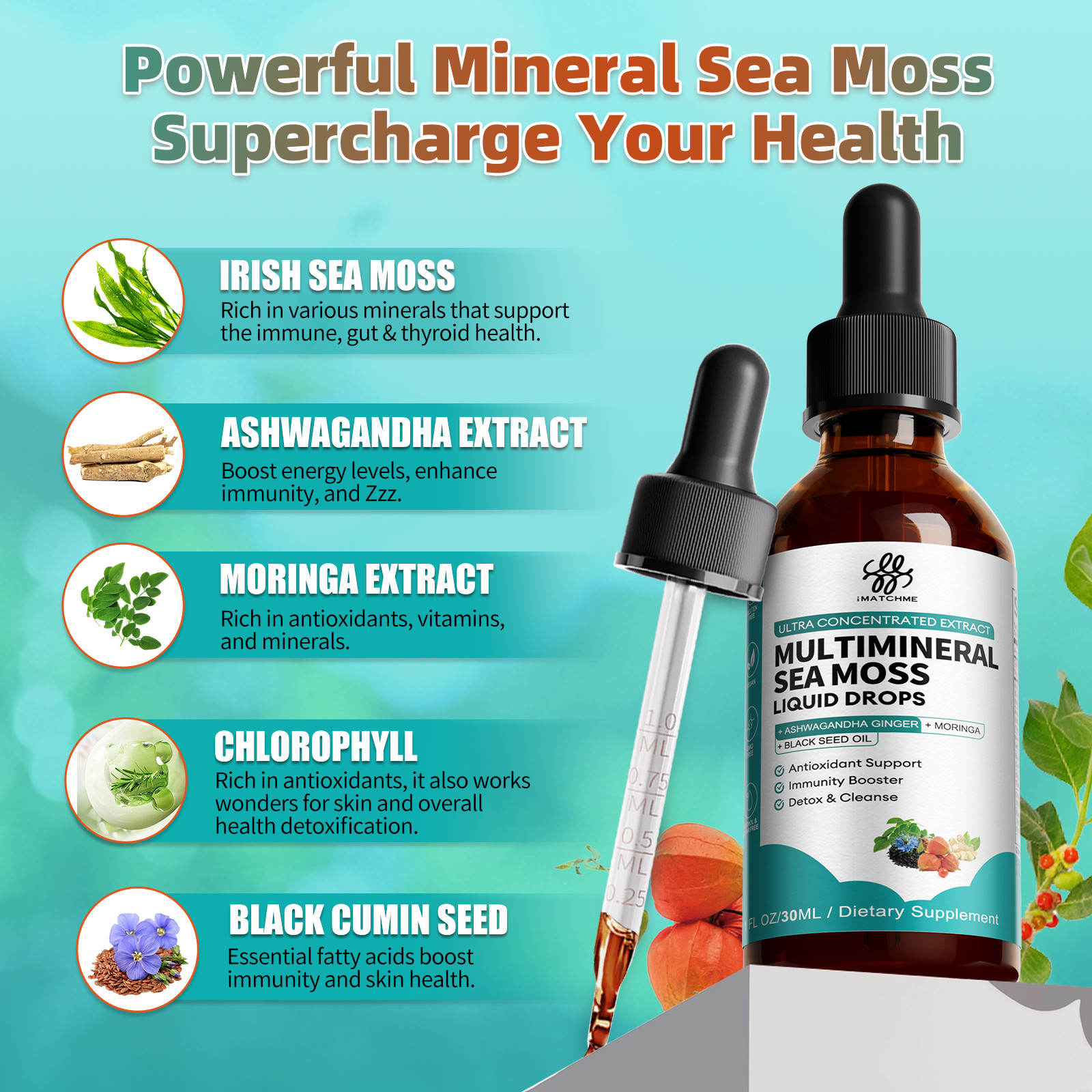 Sea Moss Liquid Drops Black Seed Oil Ashwagandha Immune Joint Digestion Support