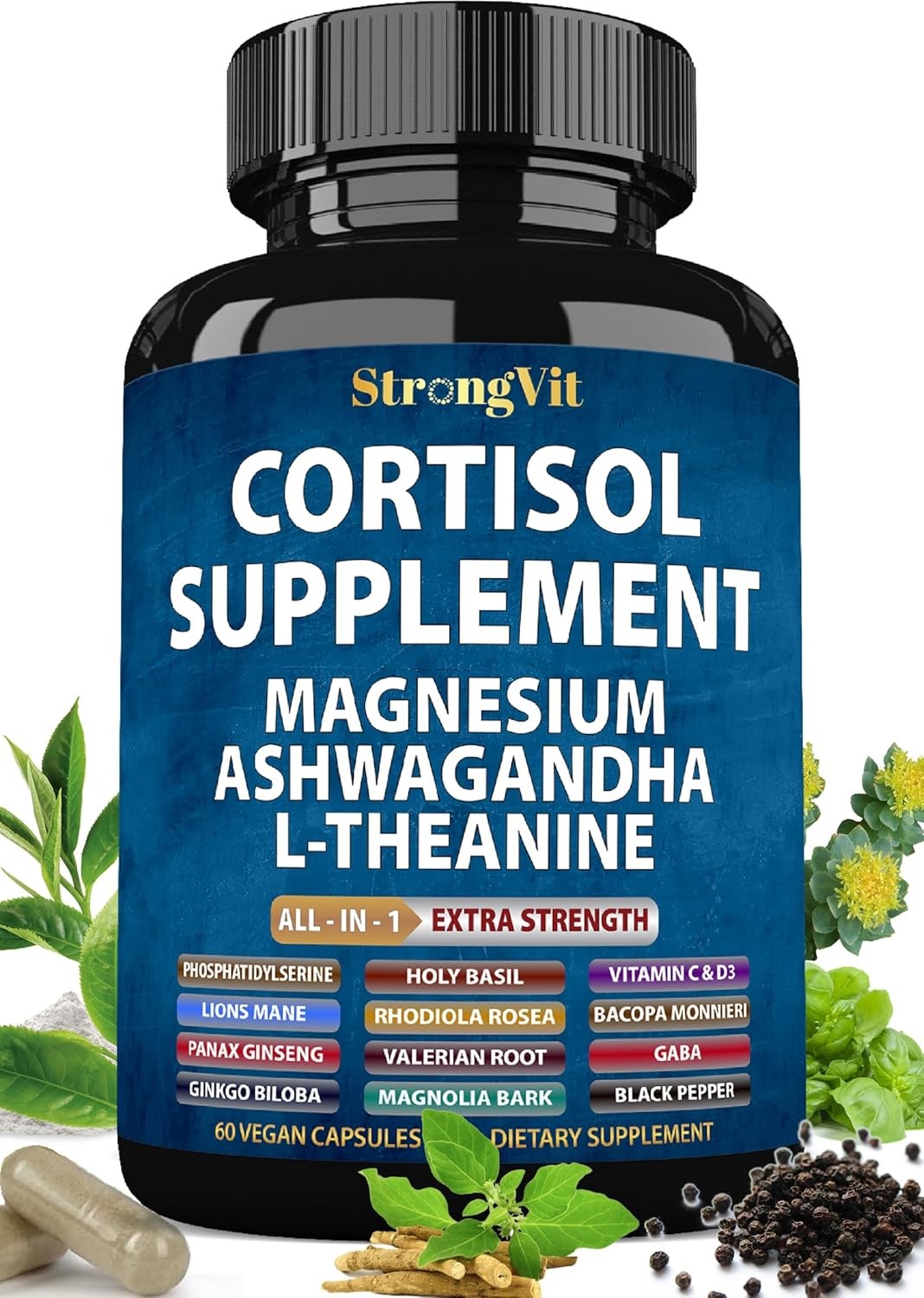 StrongVit Cortisol Supplements for Women and Men with Magnesium, Ashwagandha & L