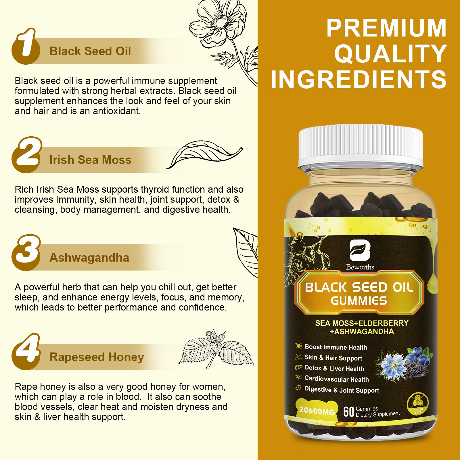 12-IN-1 Black Seed Oil Gummies Support Immunity, Joints, Digestion, Hair Growth
