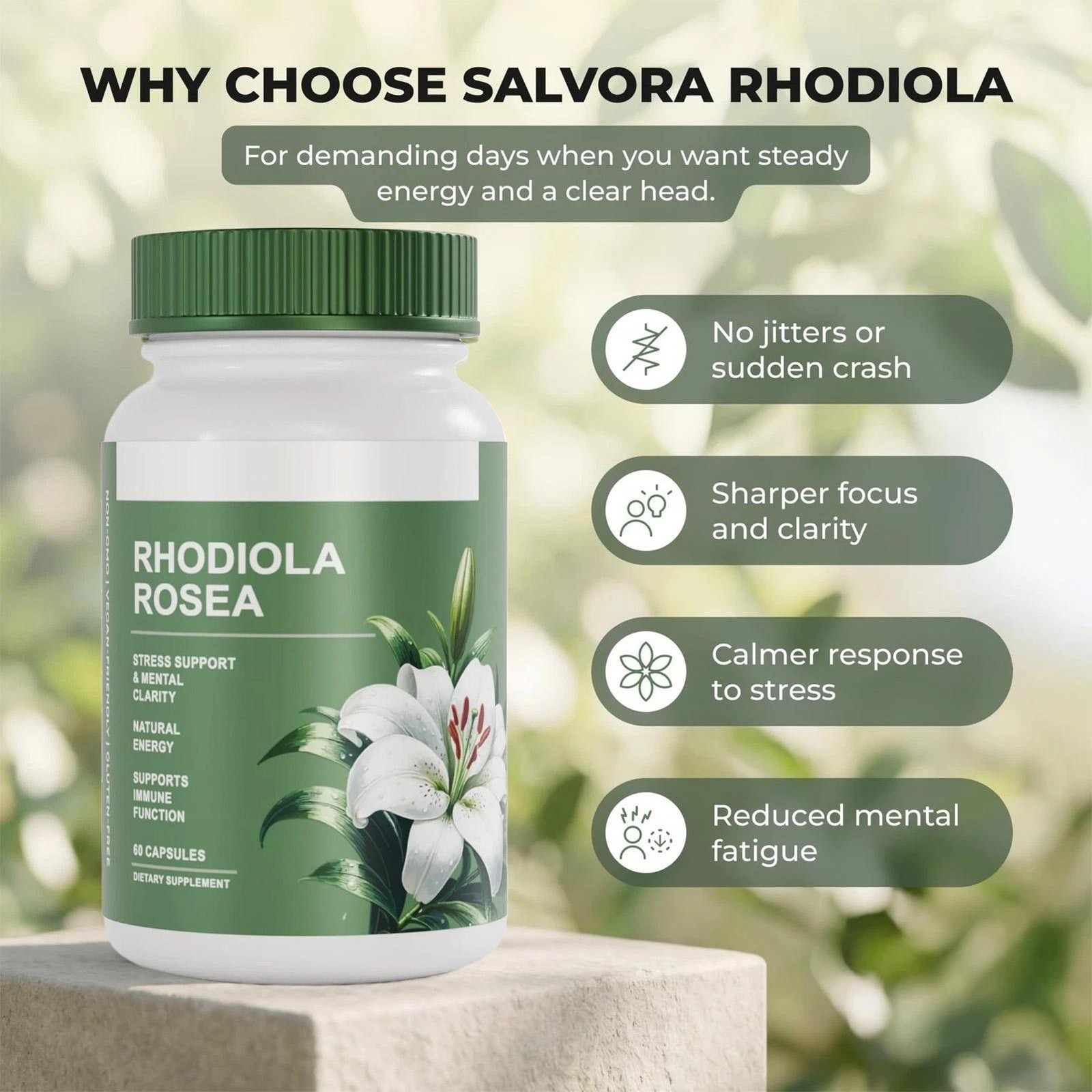 Premium Salvora Rhodiola Rosea Supplement – Golden Root Adaptogen Capsules 60pcs