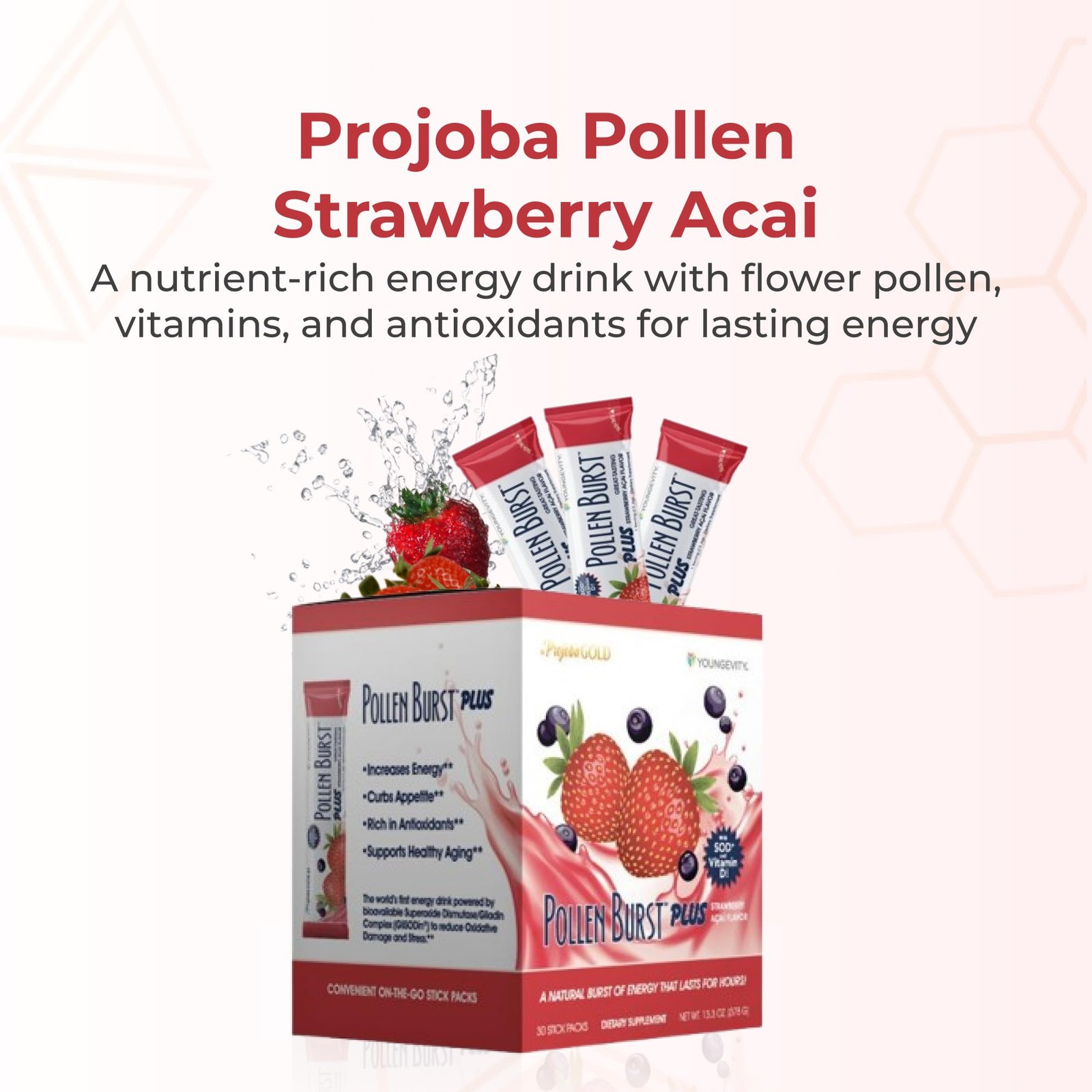 Youngevity Pollen Burst Energy Drink Strawberry Acai 30 Count Box