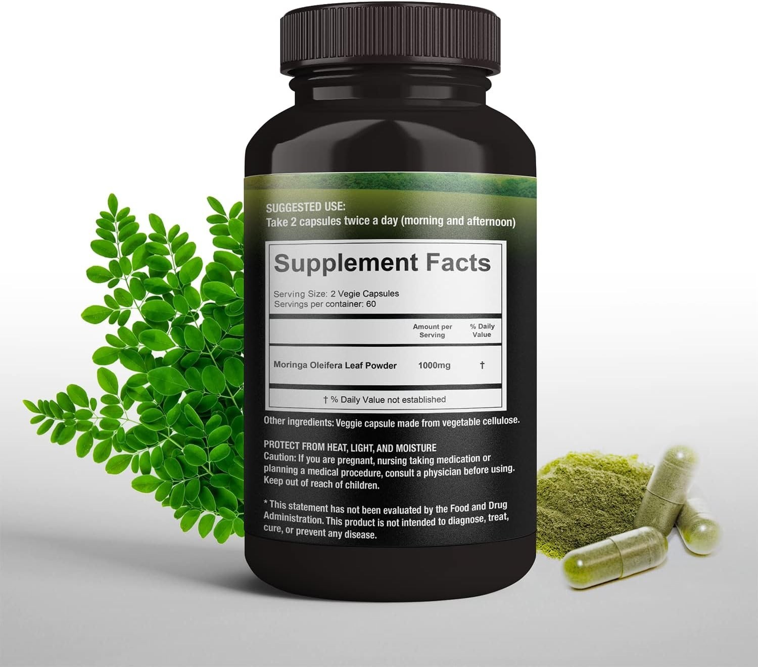 SUPREME HERBALS 100% Raw and Pure Moringa Leaf Powder Capsules. Organic Certi…
