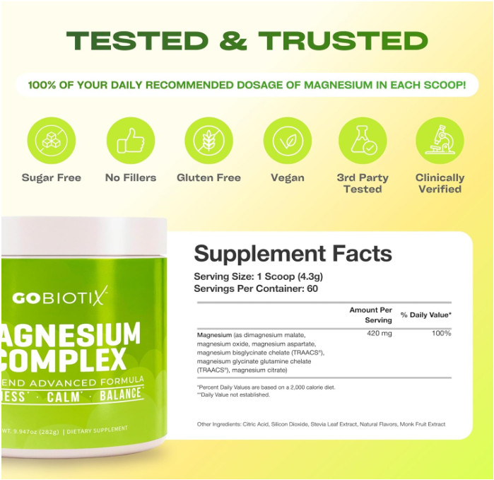 GOBIOTIX Magnesium Glycinate Powder, 6-Form Complex, 60 Servings