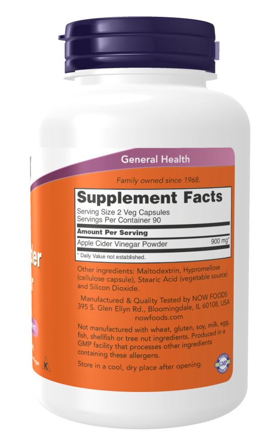 NOW FOODS Pure Apple Cider Vinegar 450 mg 180 Caps 12/2026EXP