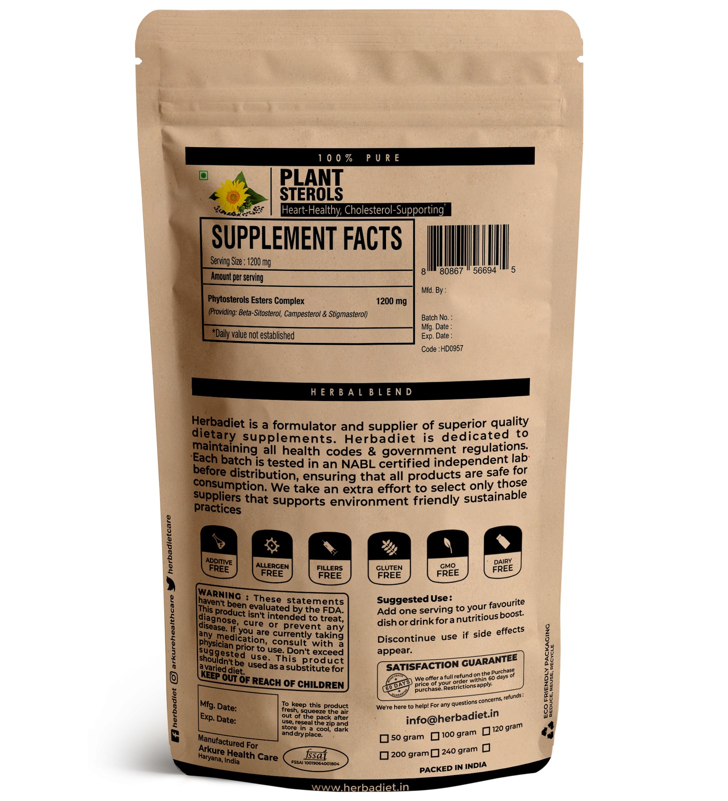Plant Sterols with Beta Sitosterol Complex Powder 1200 mg Maximum Strength