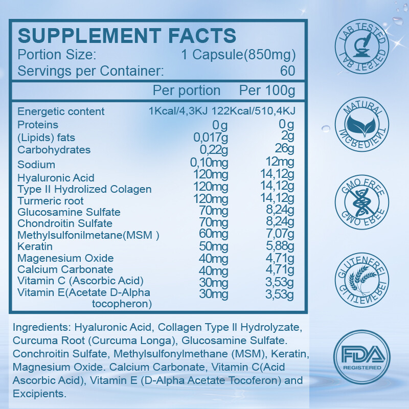 Hyaluronic Acid Turmeric MSM 850mg 120 Capsules
