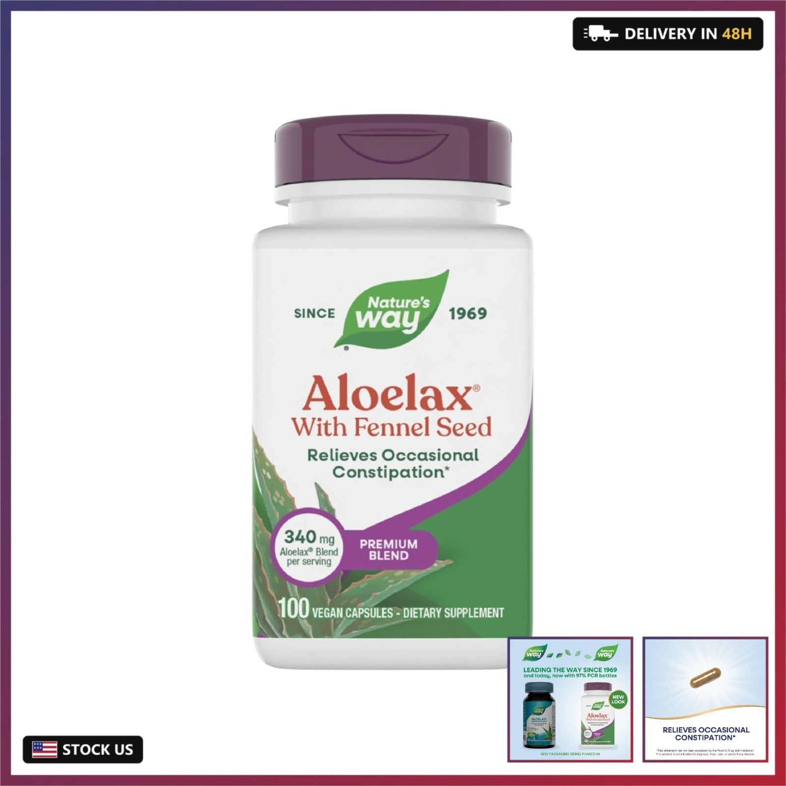 100 Count Aloelax with Fennel Seed – Aloe Vera Capsules for Gentle Relief