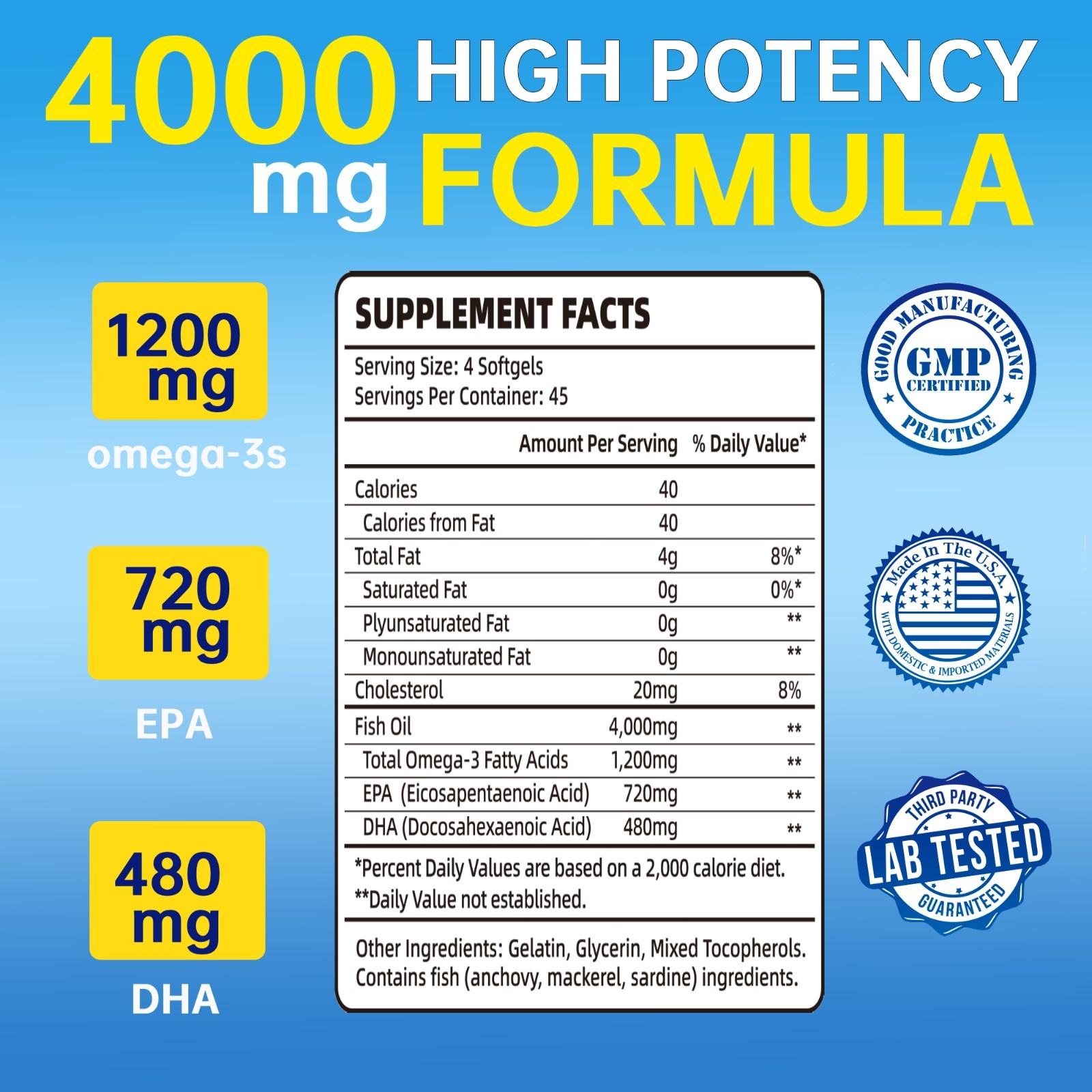 Omega 3 Fish Oil DHA/EPA 2520 mg240 Softgels Made in USA