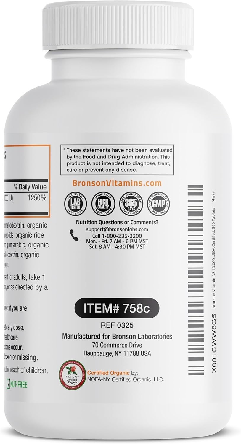 Bronson Vitamin D3 10,000 IU (250 mcg) Certified Organic High Potency Non-GMO D