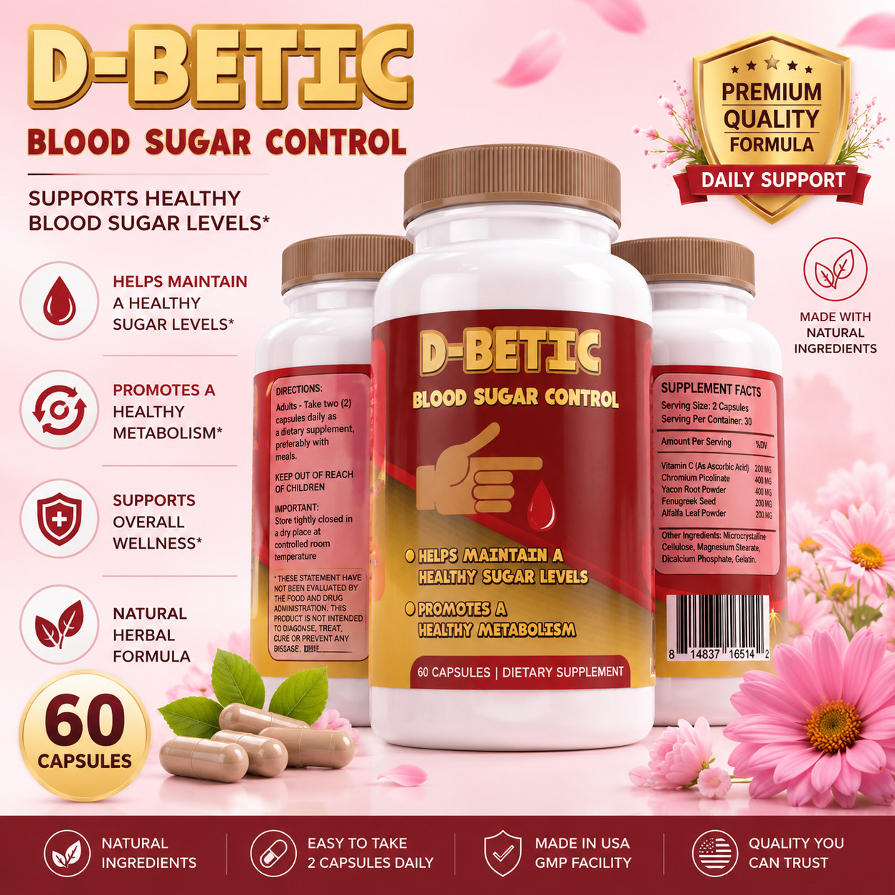 D-Betic Blood Sugar Support Supplement 60 Capsules Metabolism Herbal Formula