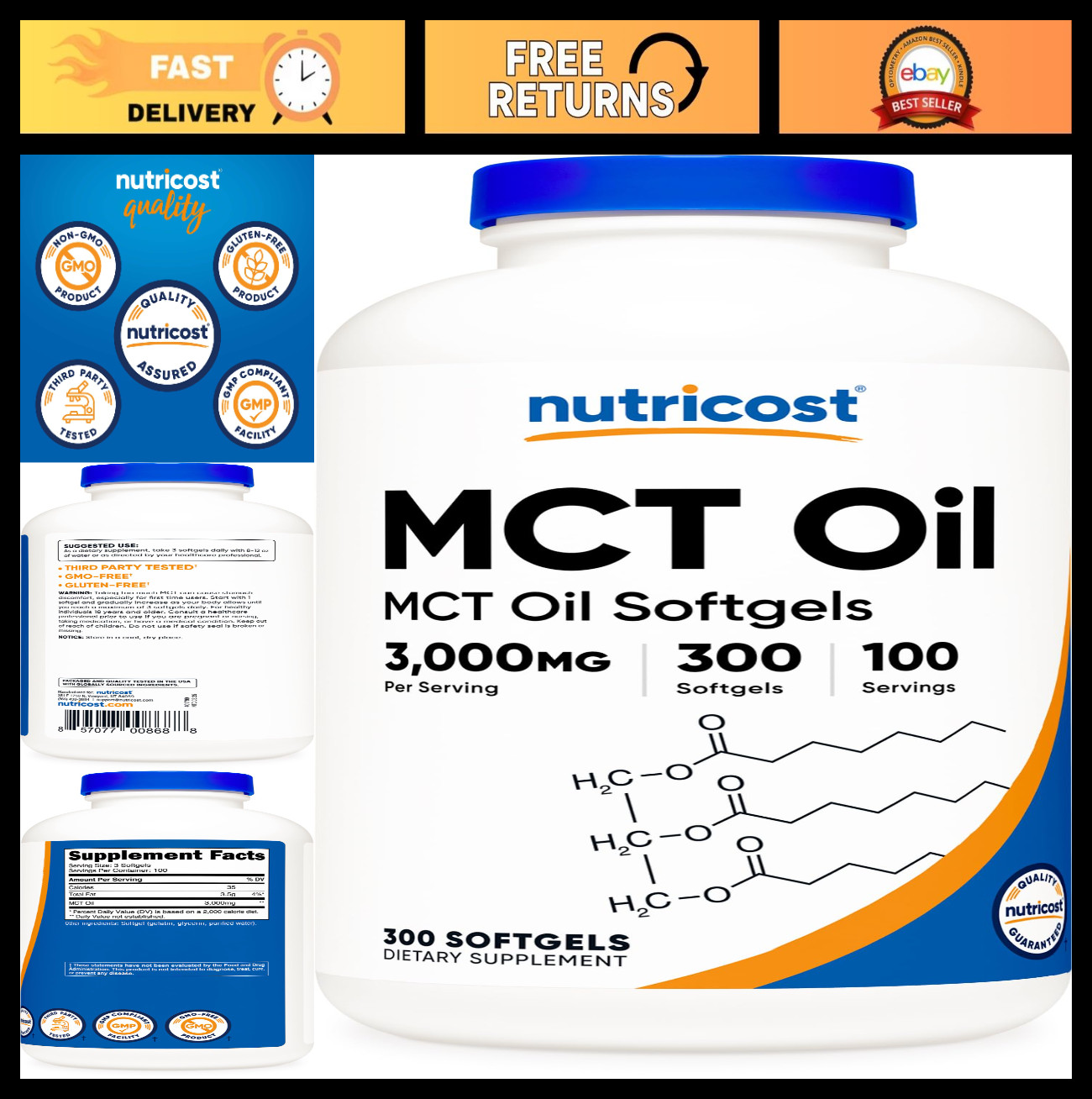 MCT Oil Softgels 1000mg – 300 Count, Ideal for Keto & Ketogenic Diets, Supports
