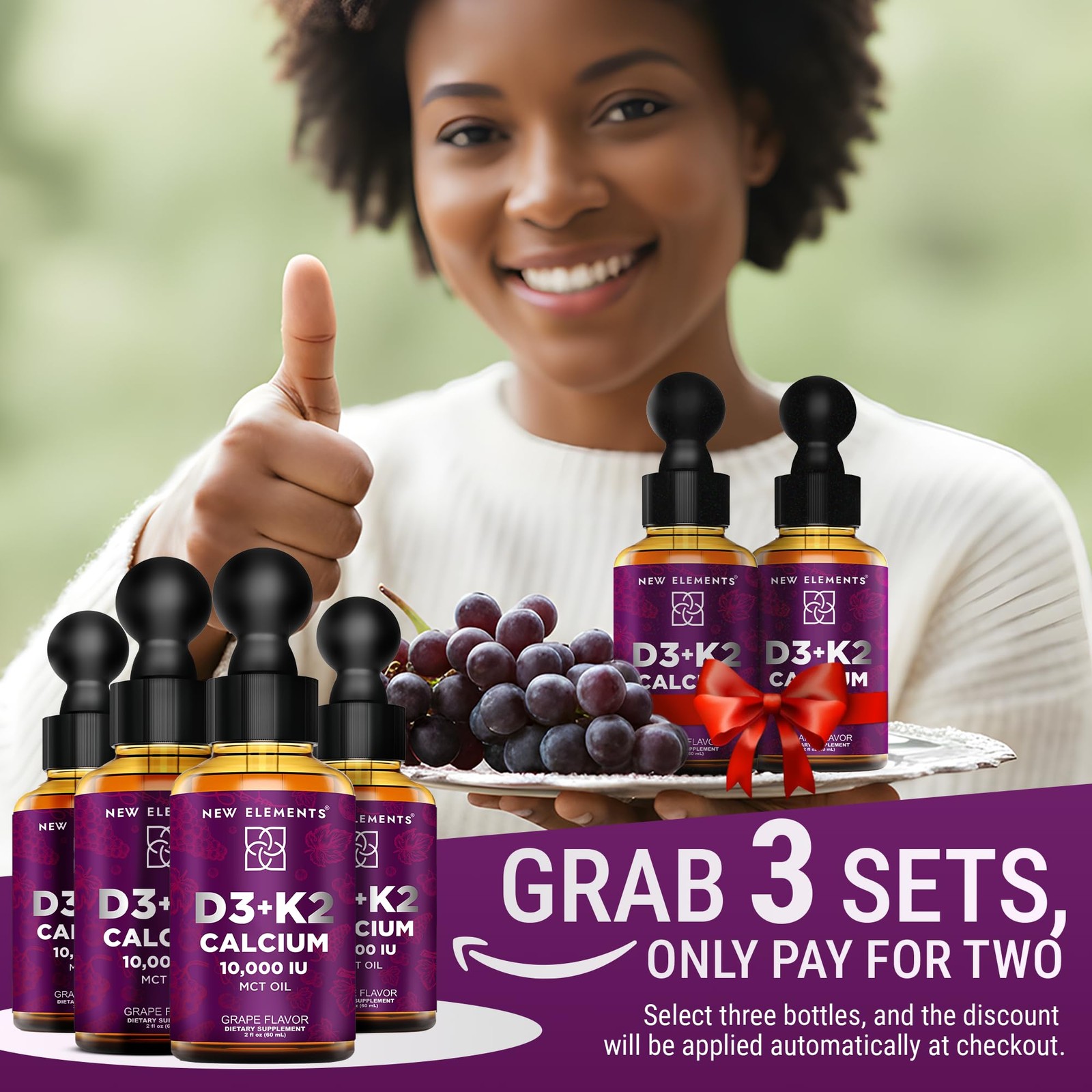 New Elements [2 𝐏𝐚𝐜𝐤] Liquid Vitamin D3 K2 Drops with 2 Fl Oz (Pack of 2)