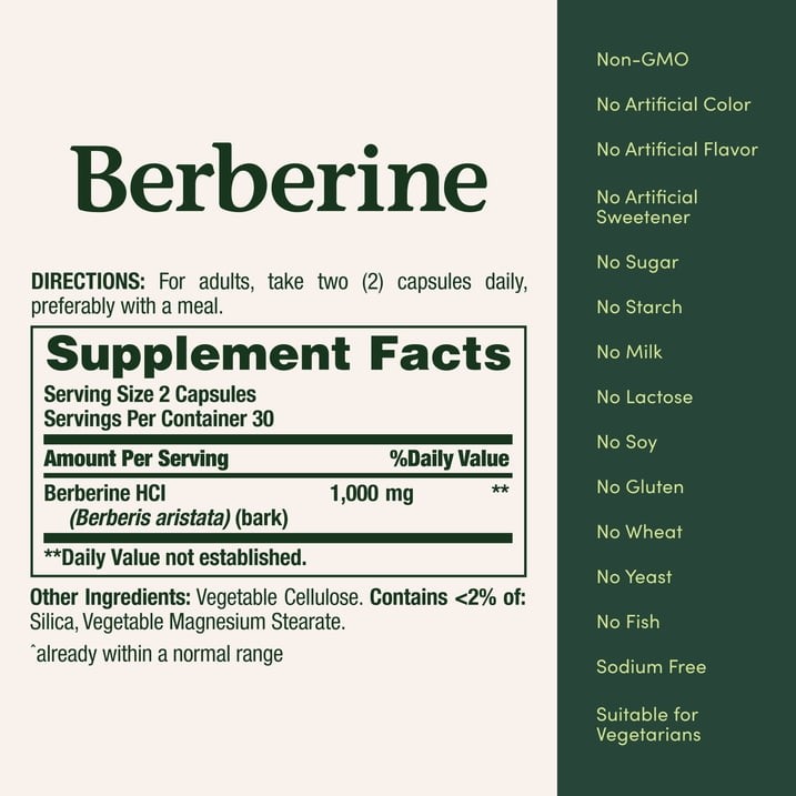 Nature’s Bounty Berberine 1000mg Capsules, Heart Health & Metabolism Support, 60