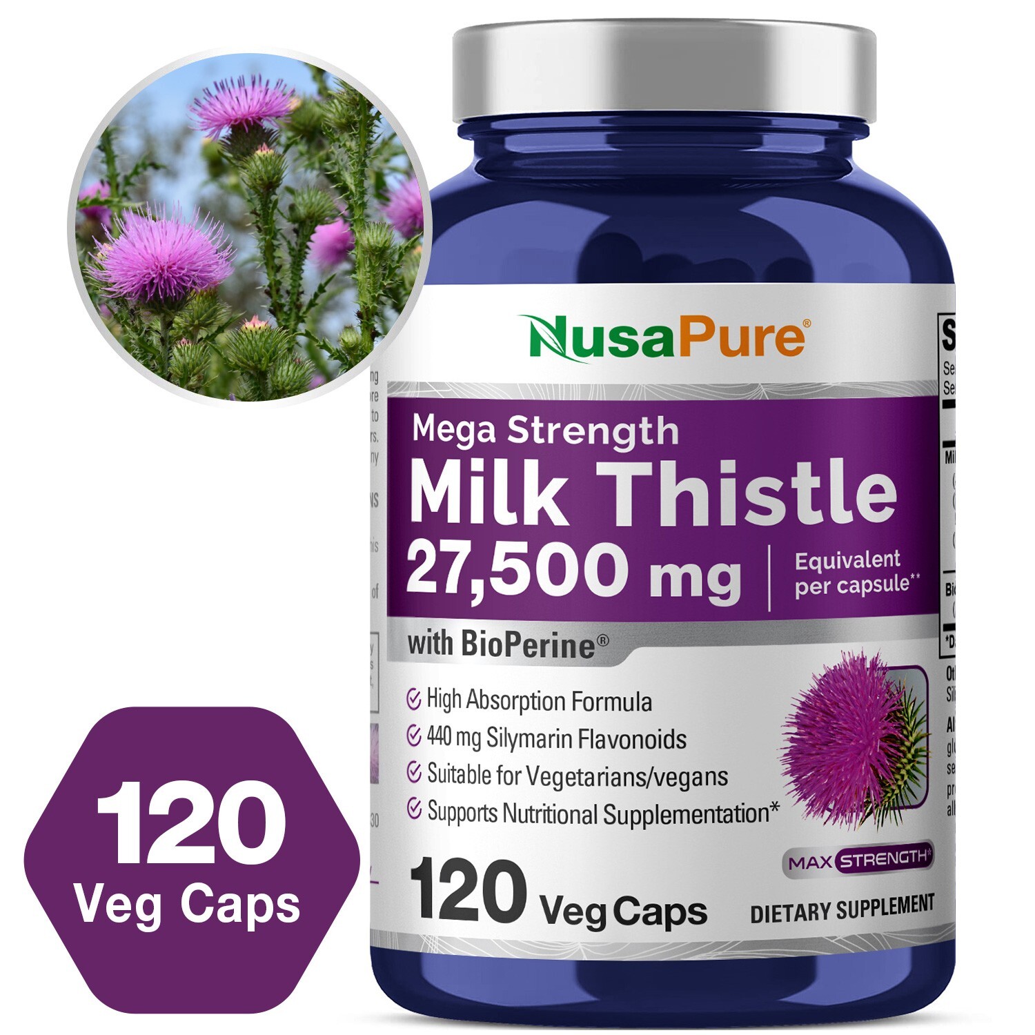 NusaPure Milk Thistle Extract 27500mg 200 Veggie Capsules with Bioperine