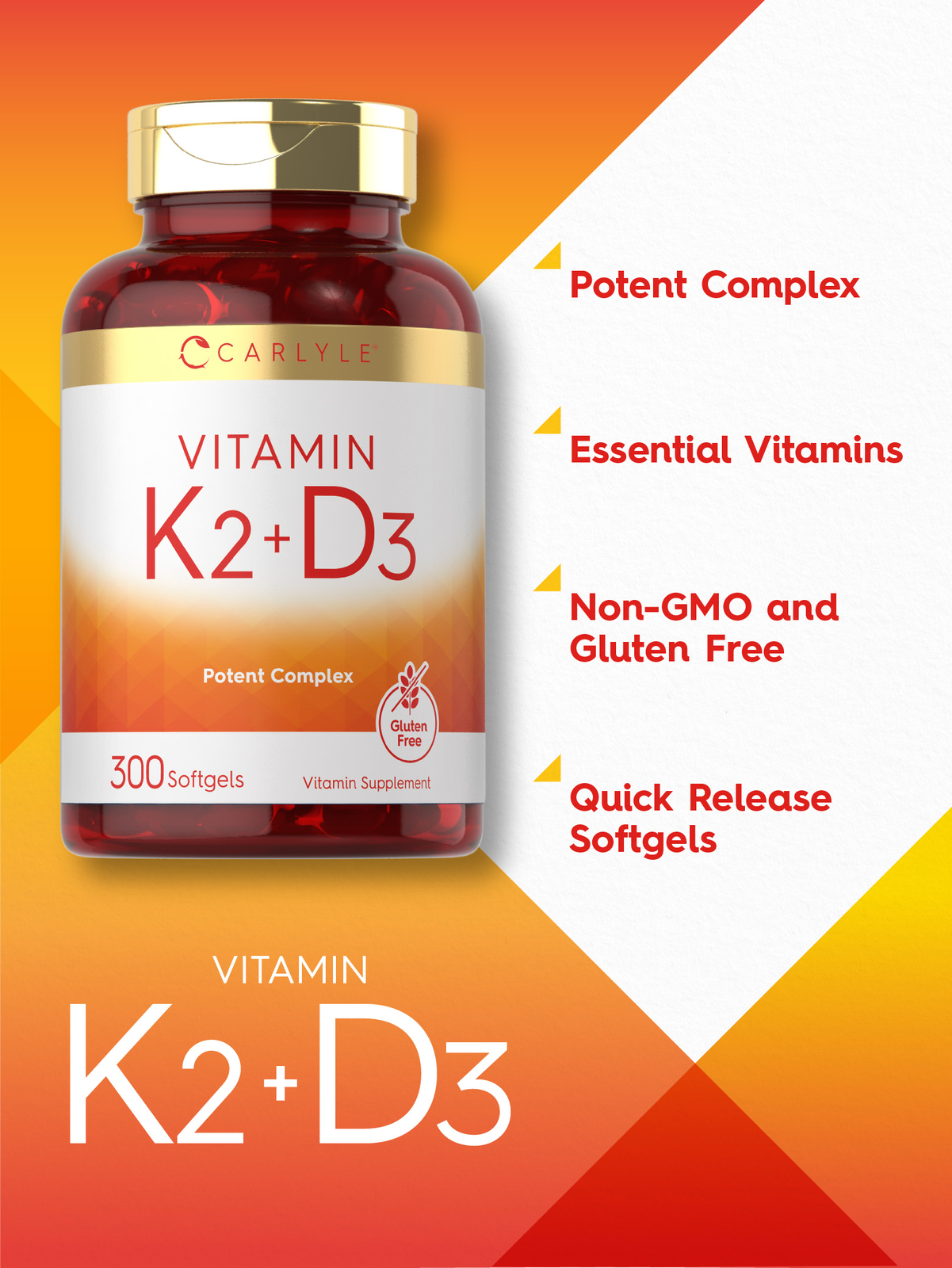 Vitamin K2 D3 Supplement | 300 Softgels | 200mcg K2 MK7 & 250mcg D3 | by Carlyle