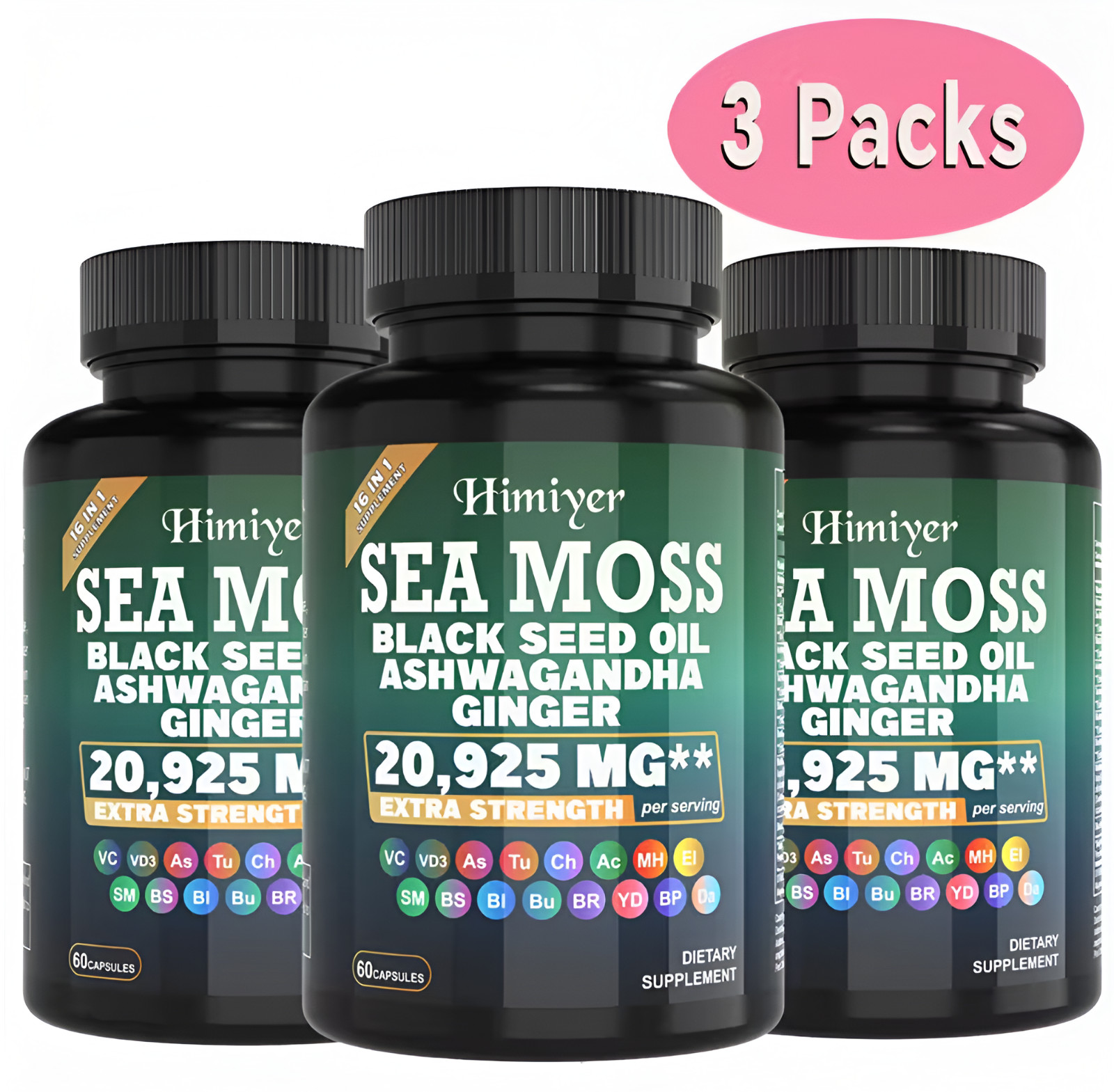 16 in 1- Sea Moss, Ashwagandha, Black Seed Oil Ginger Turmeric, 3 Bottle 180pcs