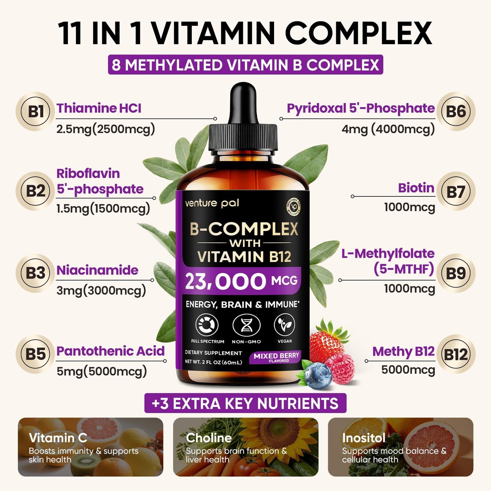 Venture Pal Vitamin B Complex Liquid Drops W/ B12 Methylcobalamin B9 Folic B1-B7